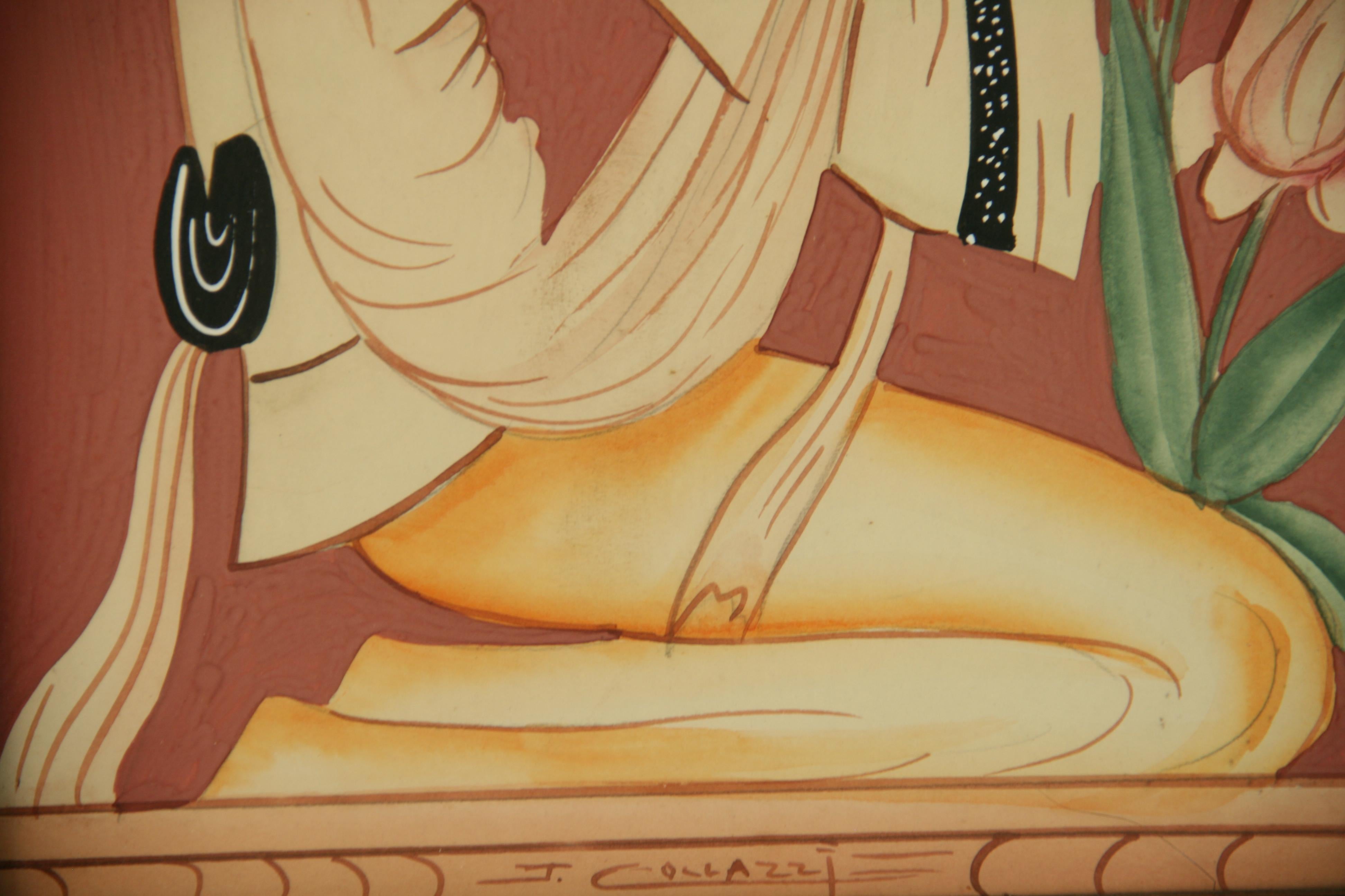 Art déco-Figuratives  Gouache-Gemälde einer Frau mit einer Tulpe im Angebot 2