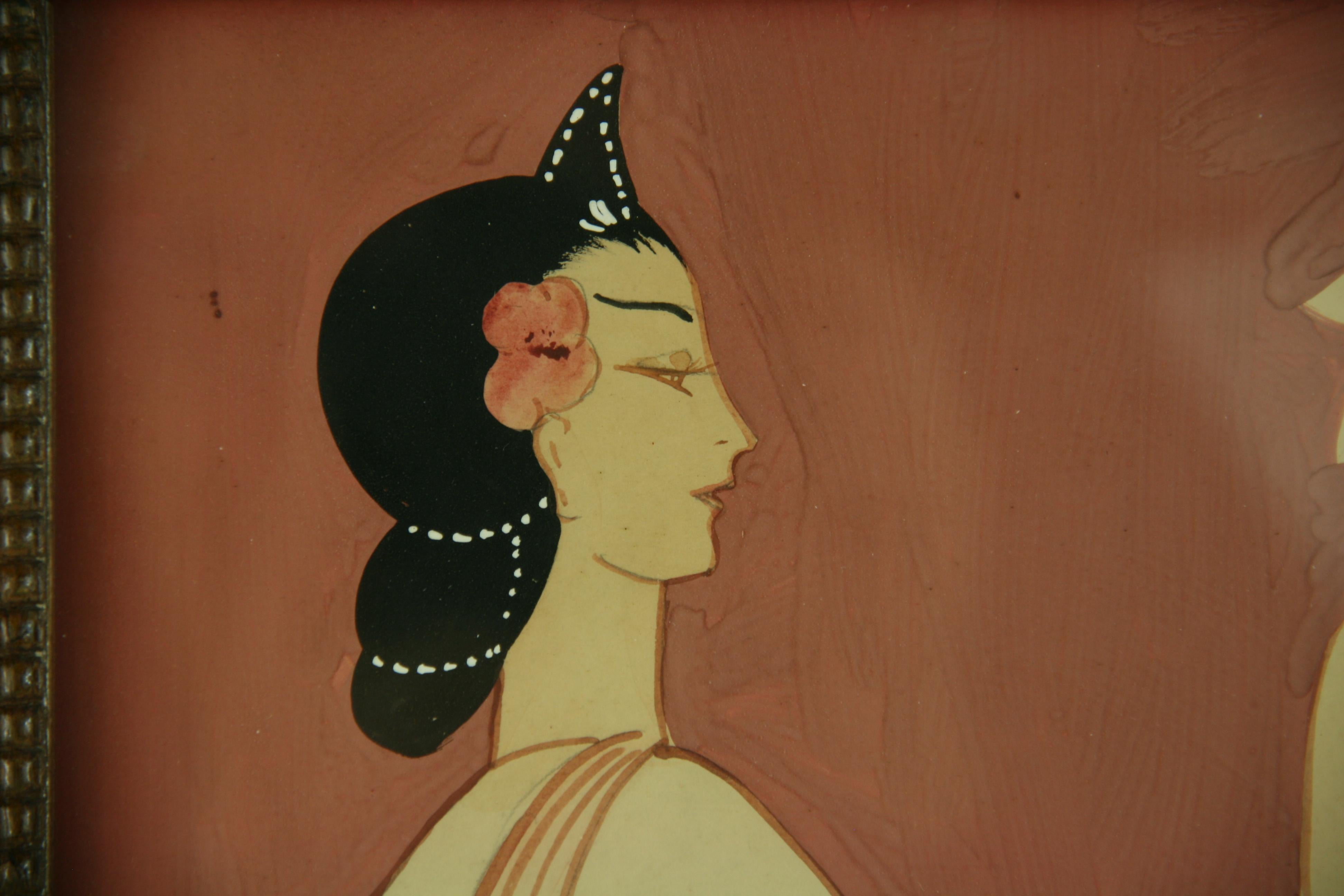 Art déco-Figuratives  Gouache-Gemälde einer Frau mit einer Tulpe im Angebot 5