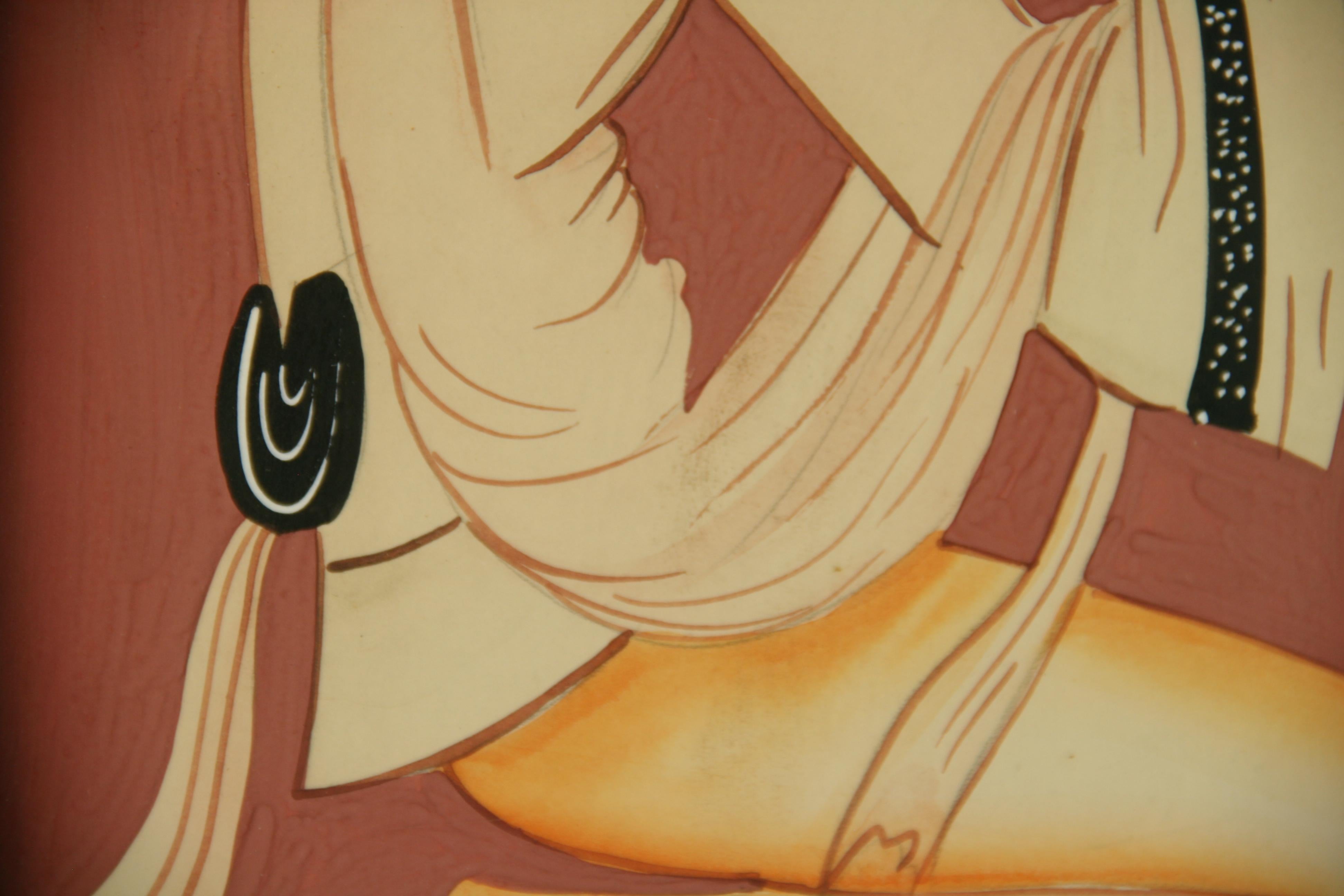 Art déco-Figuratives  Gouache-Gemälde einer Frau mit einer Tulpe im Angebot 6