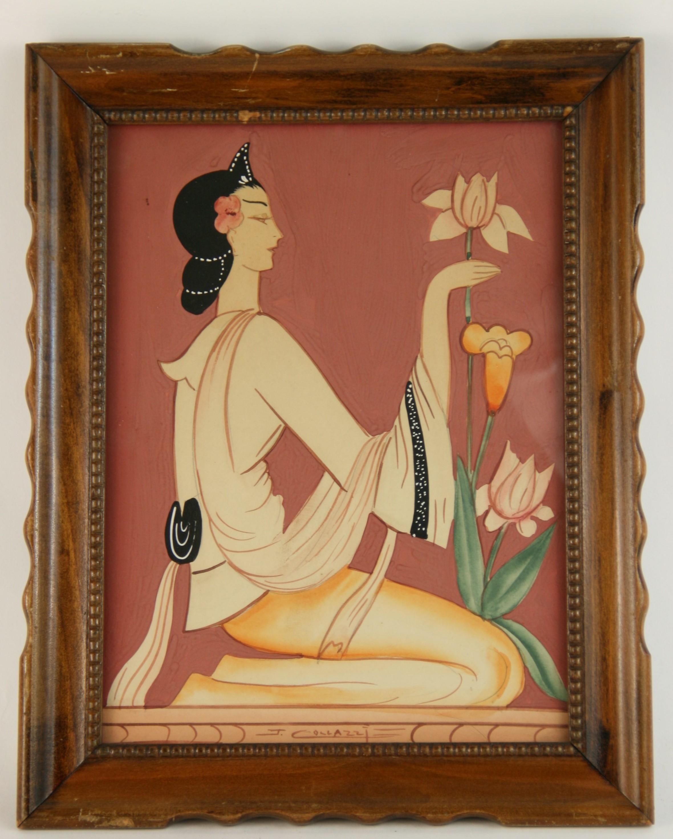 J.Collazzi Figurative Painting – Art déco-Figuratives  Gouache-Gemälde einer Frau mit einer Tulpe