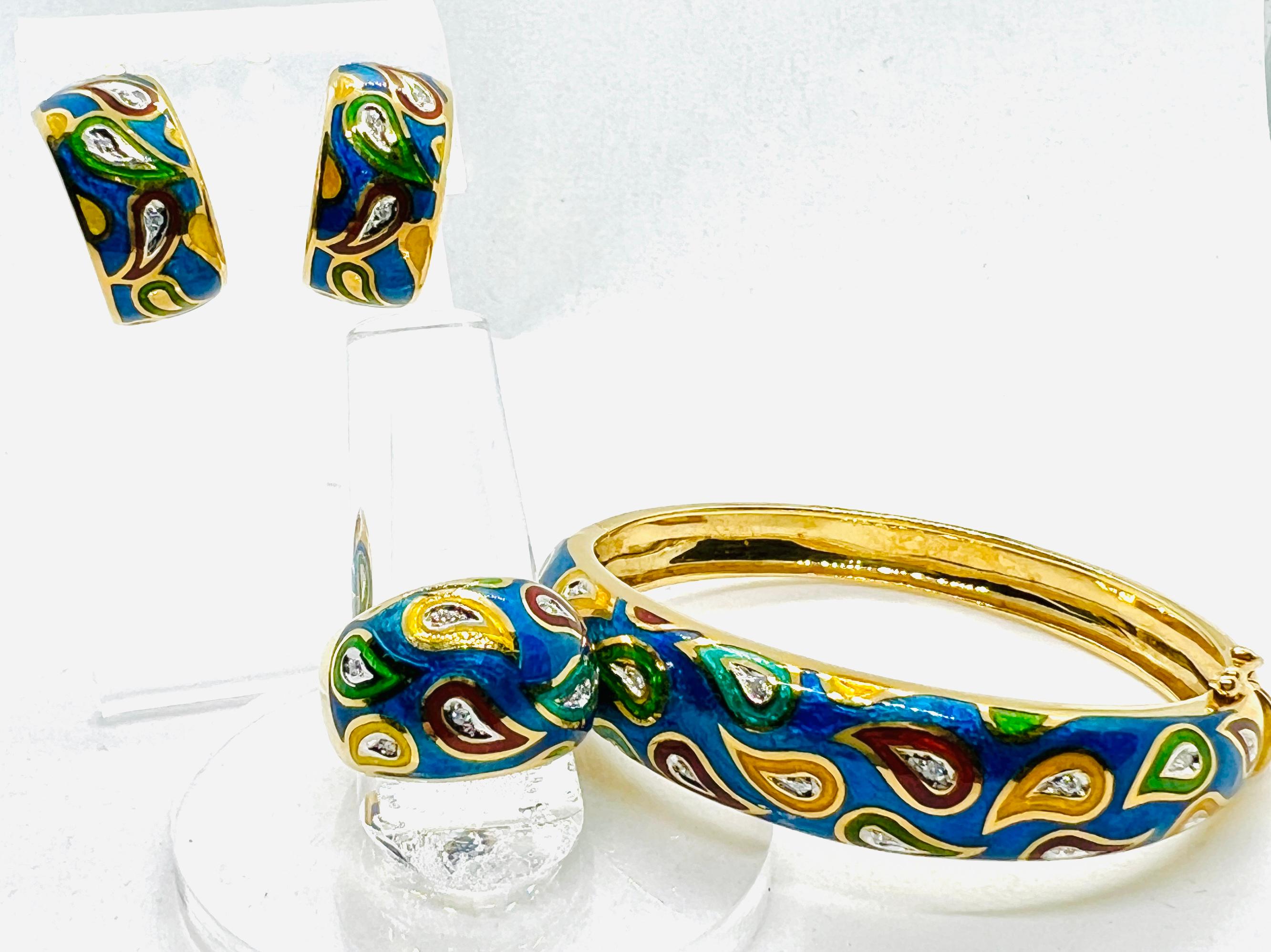Artisan JCR Hallmarked 18k Yellow Gold, Enamel & Diamond Suite Bracelet Ring Earrings For Sale