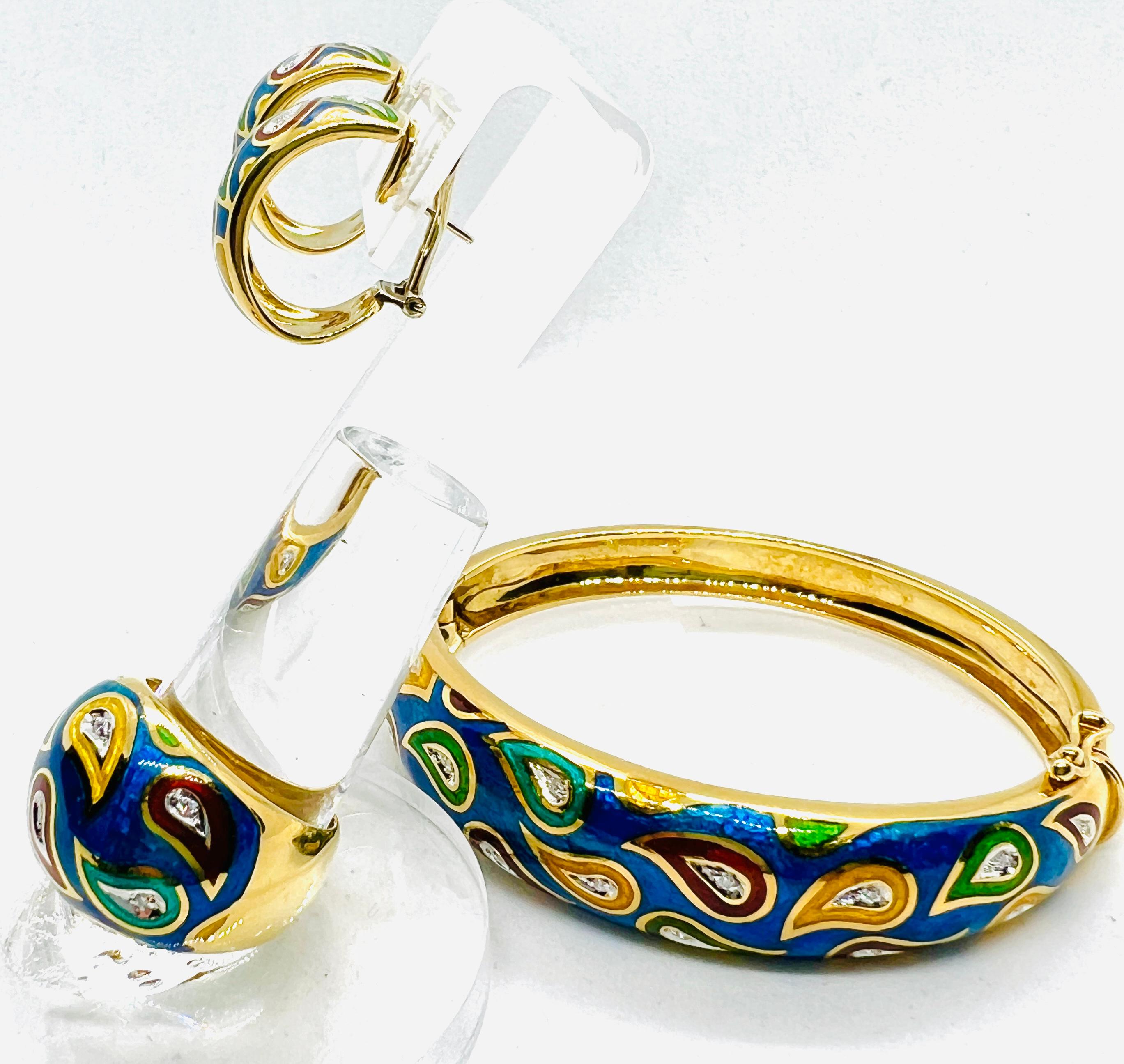 Artisan JCR Hallmarked 18k Yellow Gold, Enamel & Diamond Suite Bracelet Ring Earrings For Sale