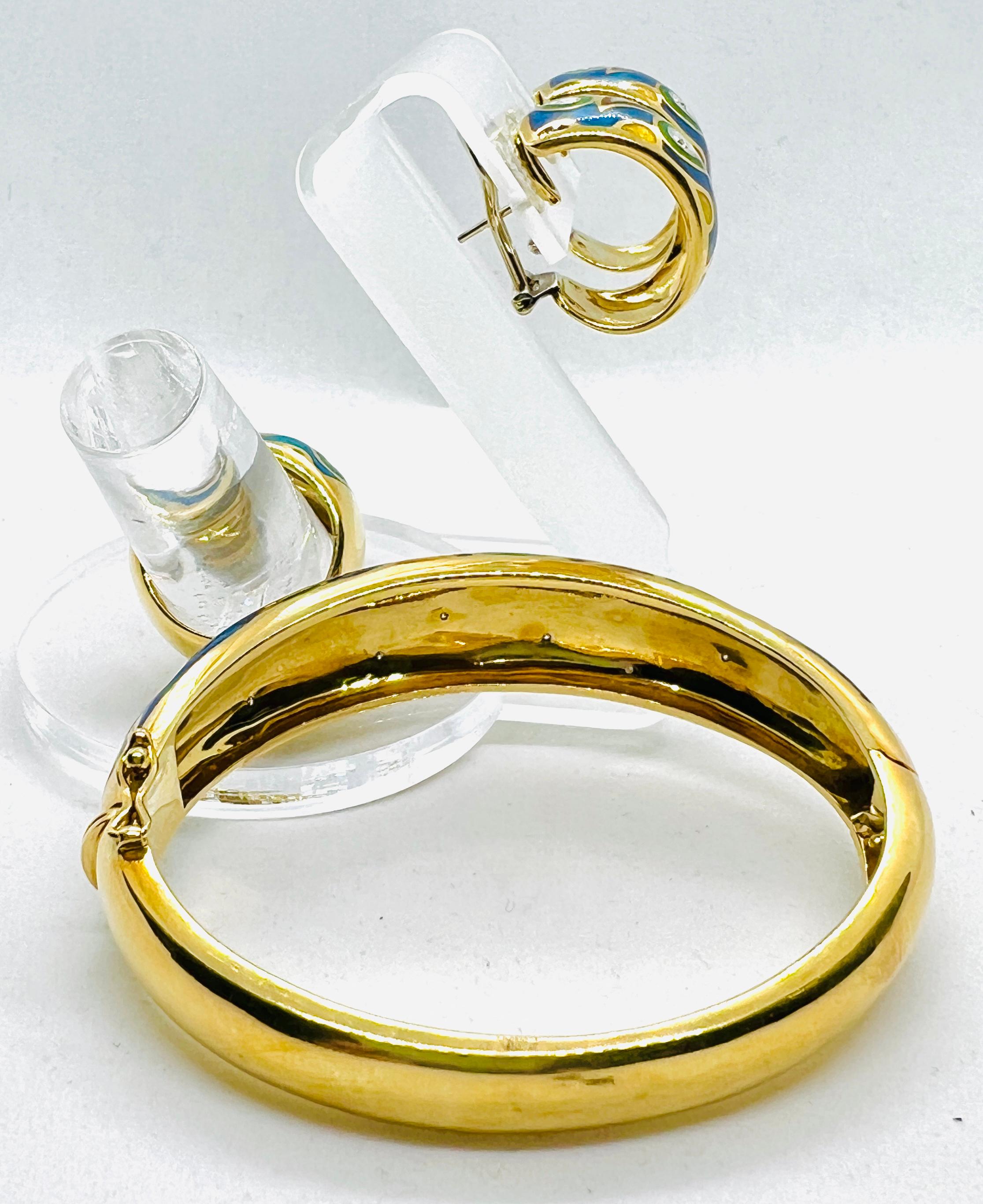 JCR Hallmarked 18k Yellow Gold, Enamel & Diamond Suite Bracelet Ring Earrings In Excellent Condition For Sale In Birmingham, AL