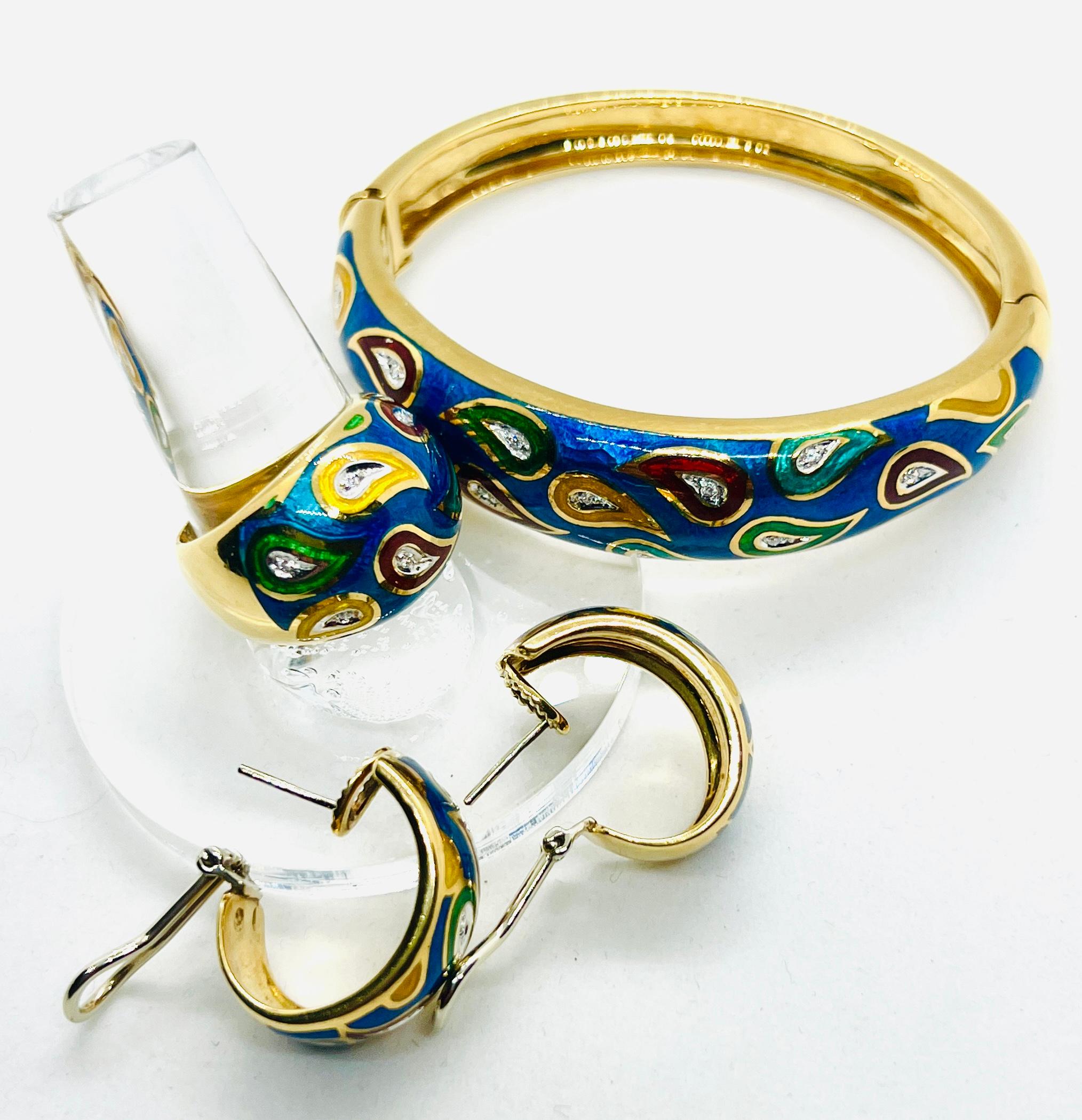 Women's JCR Hallmarked 18k Yellow Gold, Enamel & Diamond Suite Bracelet Ring Earrings For Sale