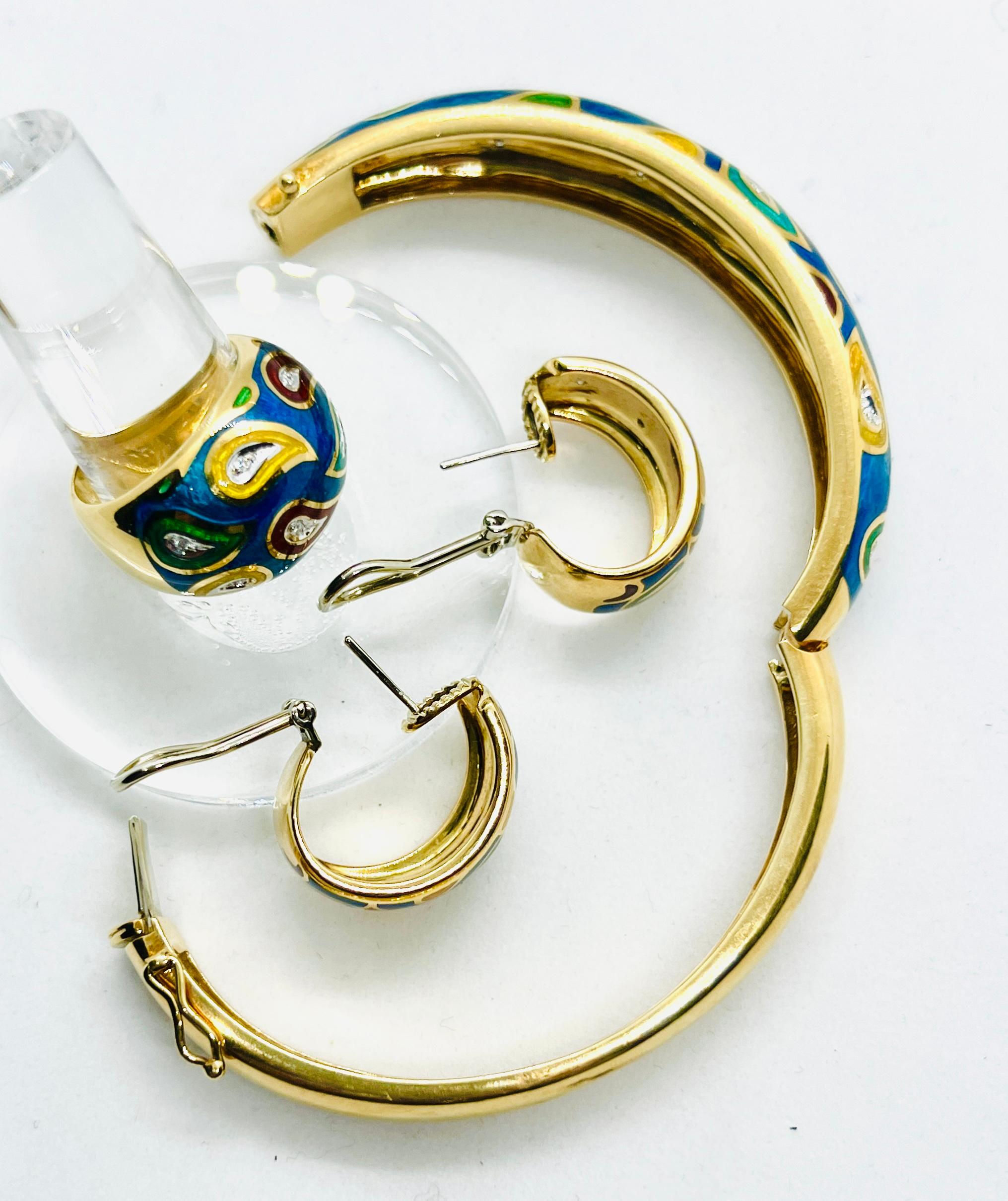 JCR Hallmarked 18k Yellow Gold, Enamel & Diamond Suite Bracelet Ring Earrings For Sale 1