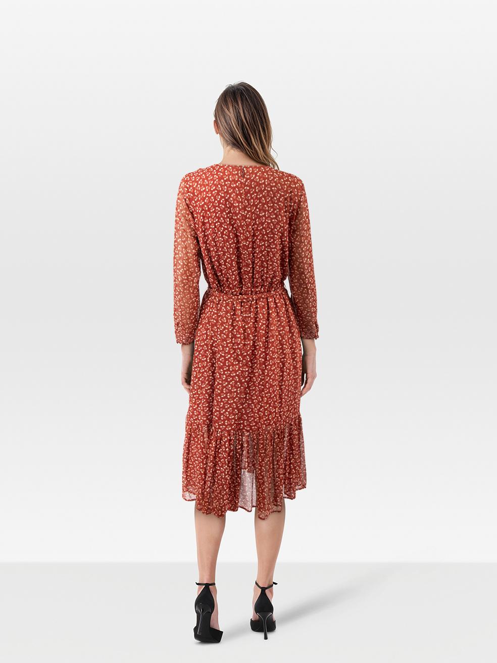 CONDITION is Very Good. Hardly any visible wear to the dress is evident on this used. J.Crew designer resale item.
 
 Details
 
 
 Brick red
 
 Polyester
 
 Dress
 
 Midi
 
 Long sleeve
 
 Sheer sleeves
 
 Floral pattern
 
 Waist belt
 
 V neck
 
