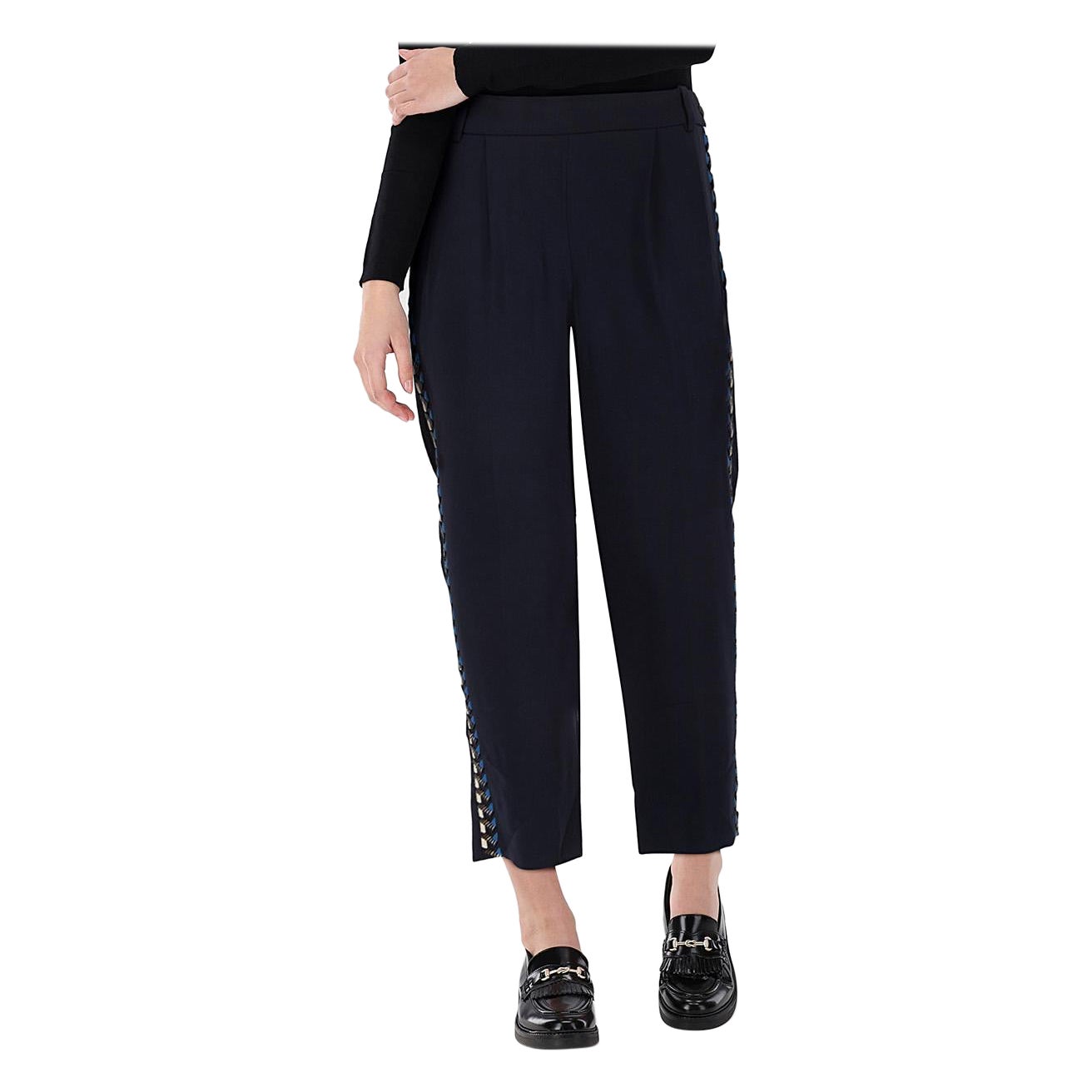 J.Crew Navy Embroidered Panel Straight Trousers Size M en venta