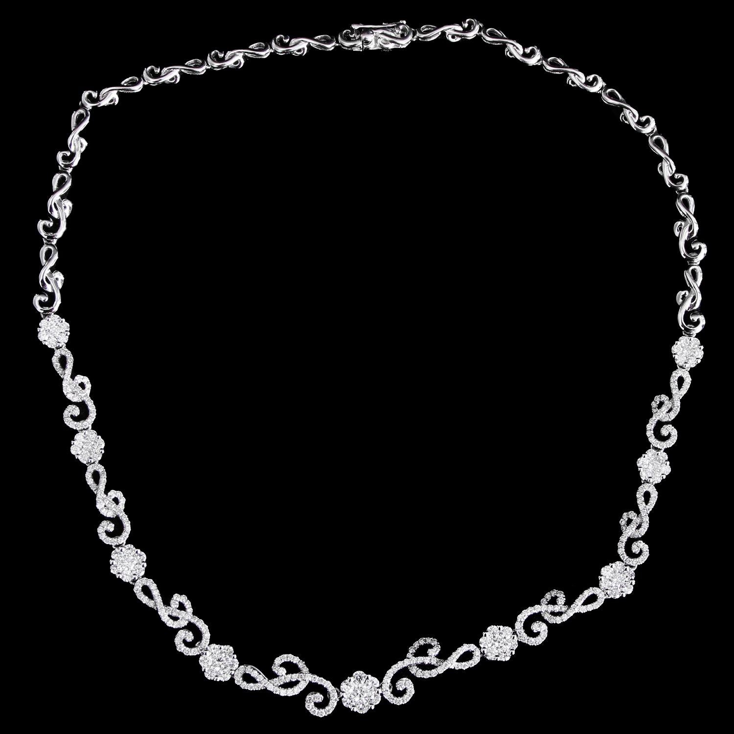 JD 18K White Gold  Diamond Necklace - Approx.. 1.5 cts of diamonds pave set in a beautiful flower design. Perfectly sits on your neck. Measures 14 inches. total weight 17 grams. .