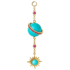 JD Electra Spherical Single Ear Chain, Turquoise, Rubies, 18 Karat Yellow Gold