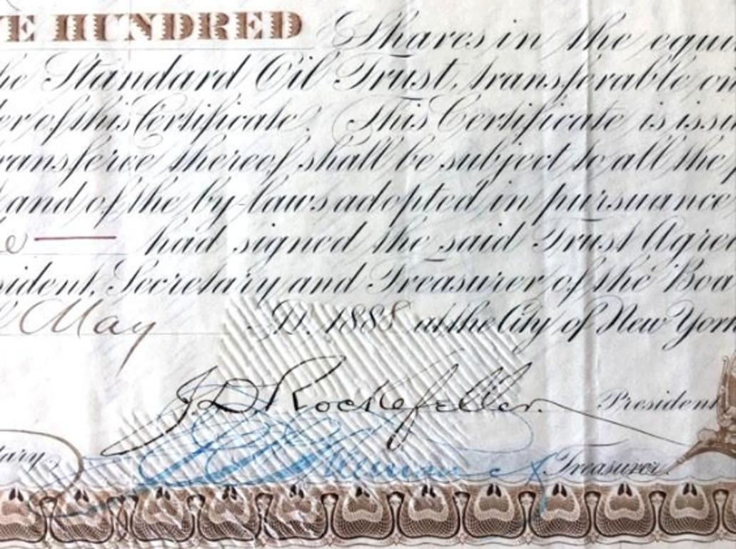 An 1888 Standard Oil share certificate signed by company founder John D Rockefeller and Secretary Henry Flagler. 

Oil magnate JD Rockefeller was one of the richest men in history. Born into humble beginnings, he showed a talent for business early