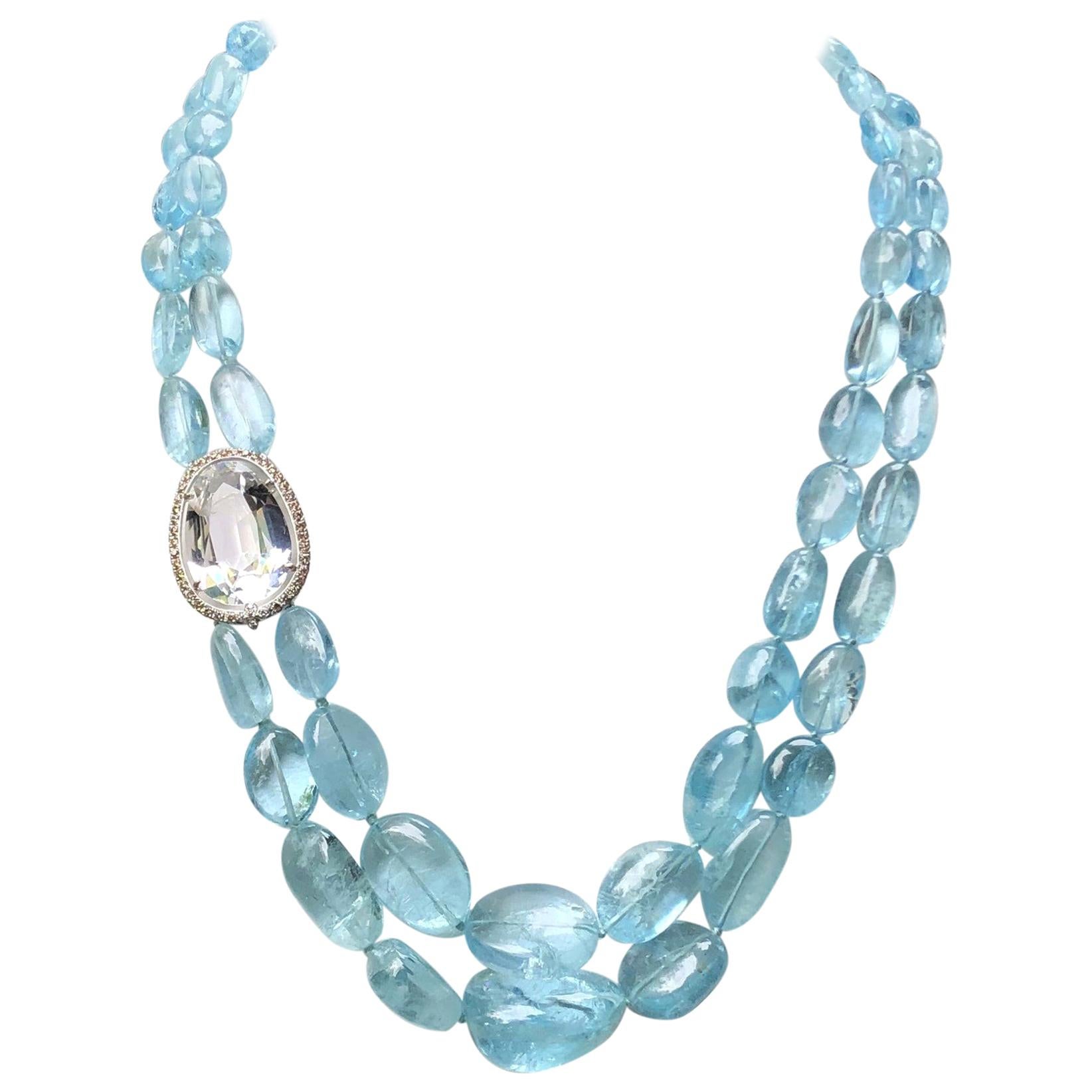 JdJ Couture Aquamarine Bead, White Tourmaline and Diamond Necklace in White Gold For Sale