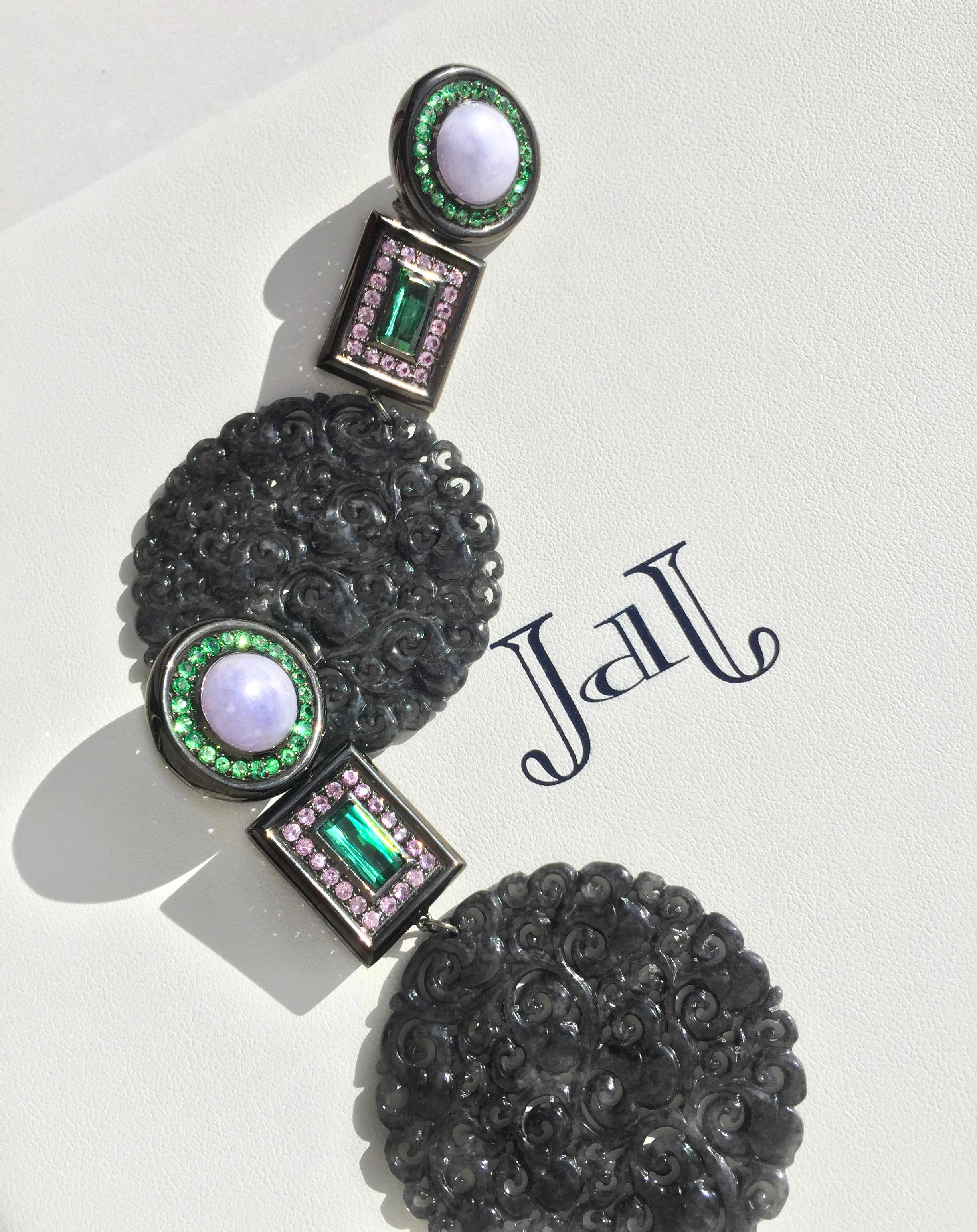 Contemporary JdJ Couture Carved Black and Lavender Jade & Multi-Gem Earrings in 18 Karat Gold For Sale