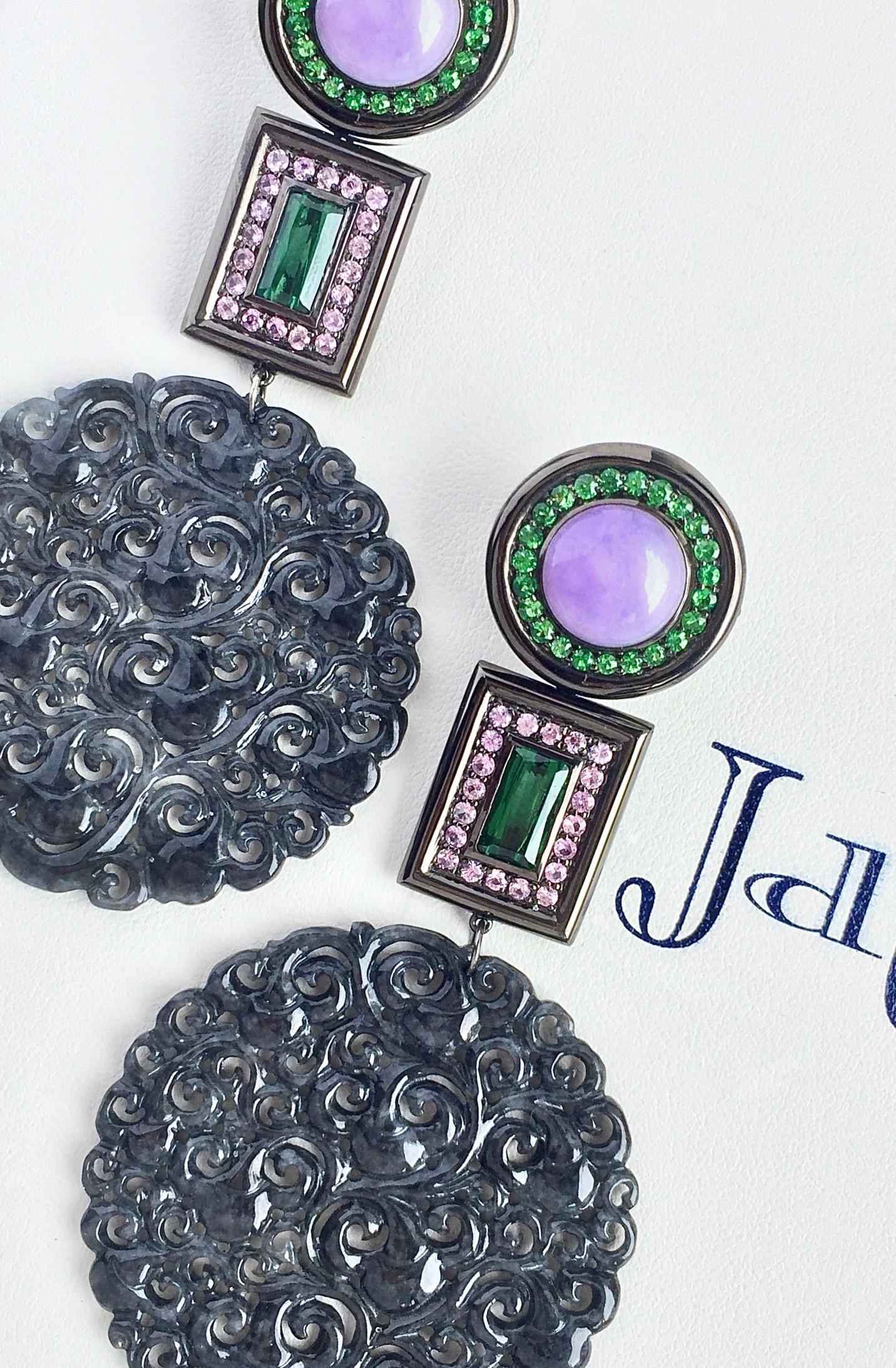 Brilliant Cut JdJ Couture Carved Black and Lavender Jade & Multi-Gem Earrings in 18 Karat Gold For Sale