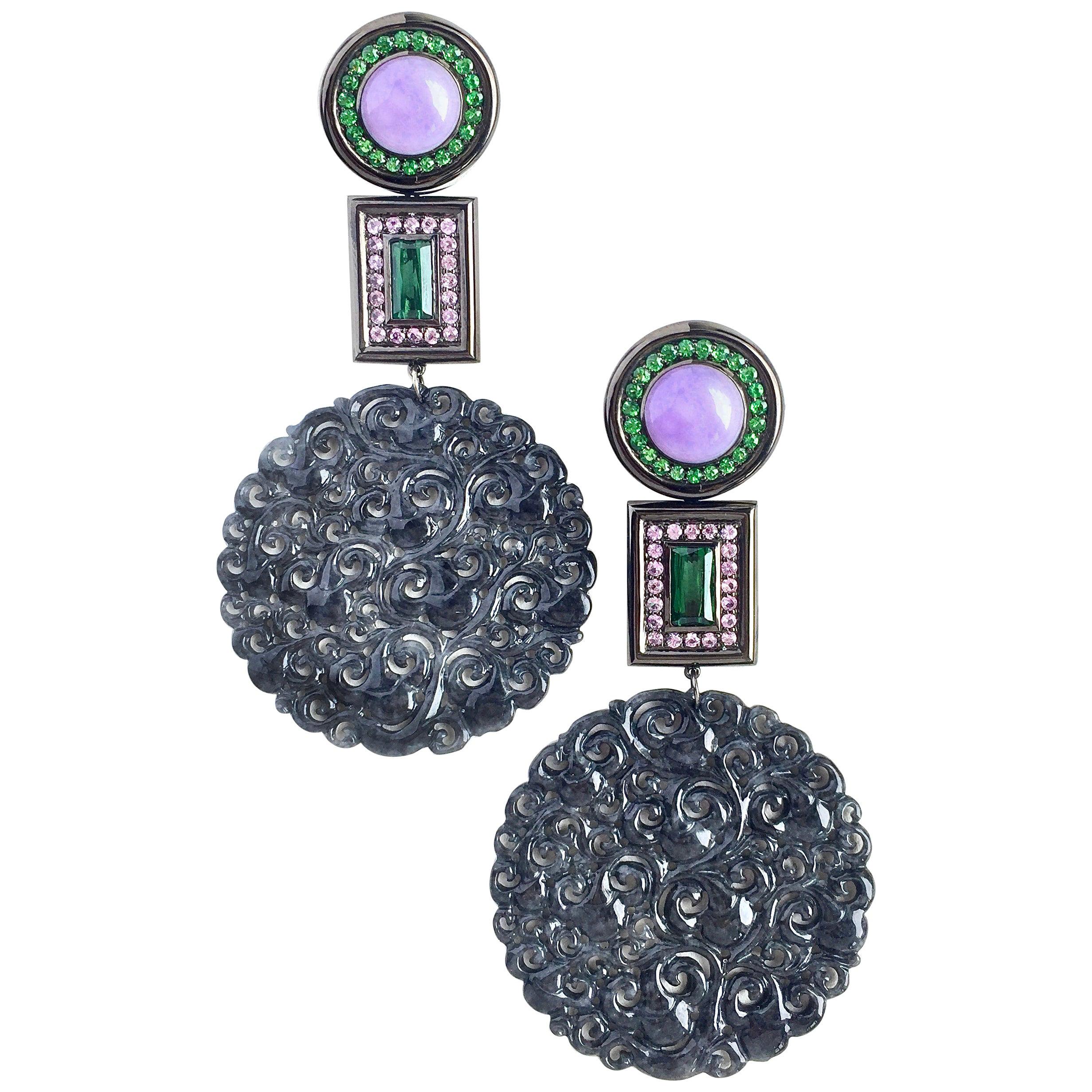 JdJ Couture Carved Black and Lavender Jade & Multi-Gem Earrings in 18 Karat Gold For Sale