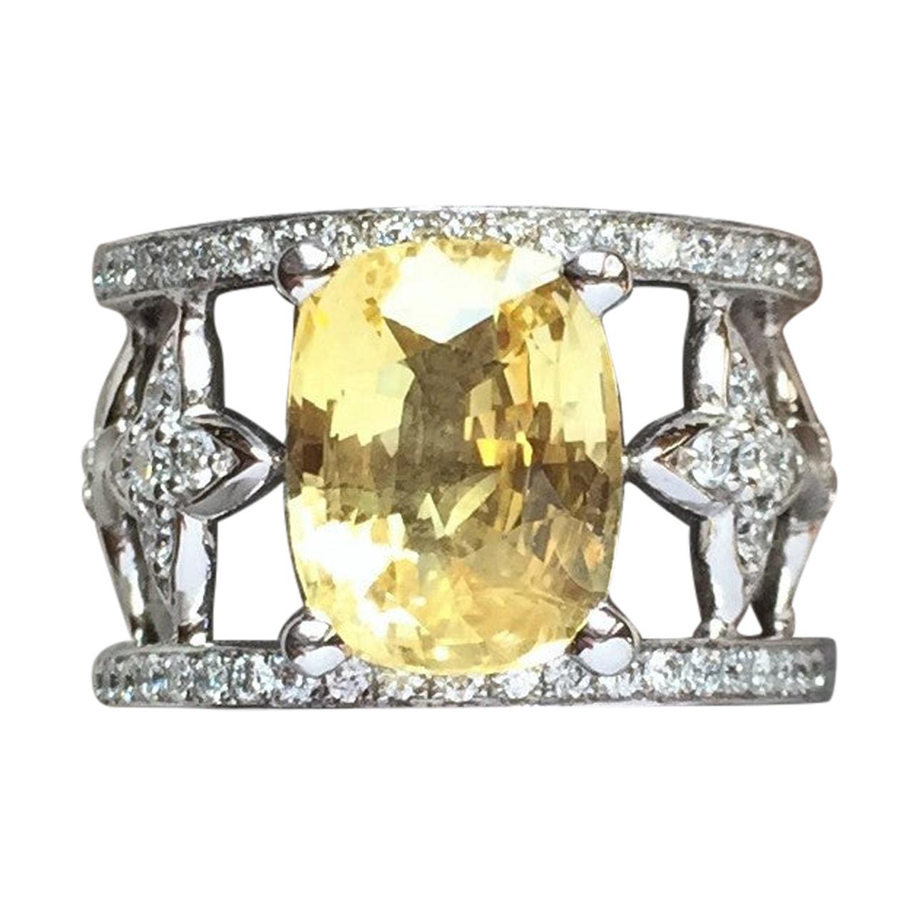JdJ Couture Cushion Cut Yellow Sapphire & Diamond "Sevilla" Motif Ring in w gold For Sale