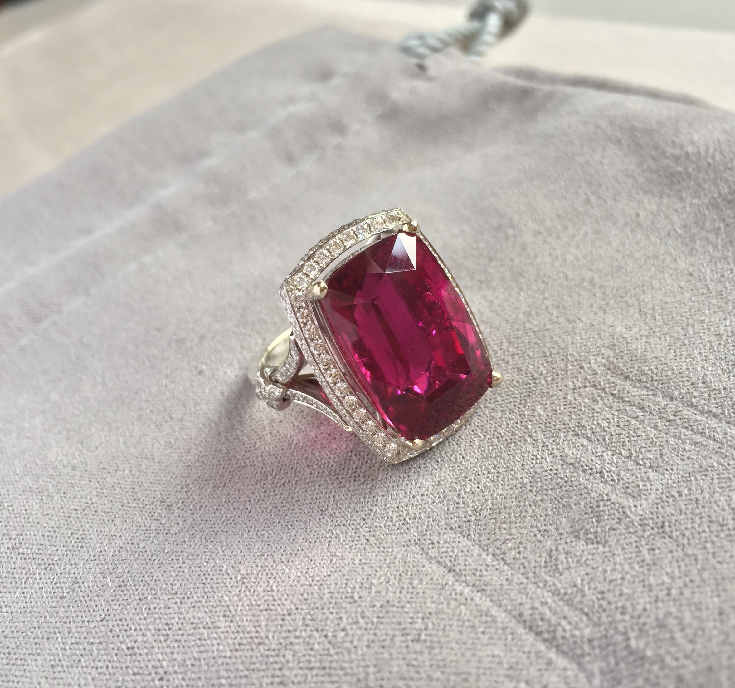 cushion cut rubellite and diamond ring