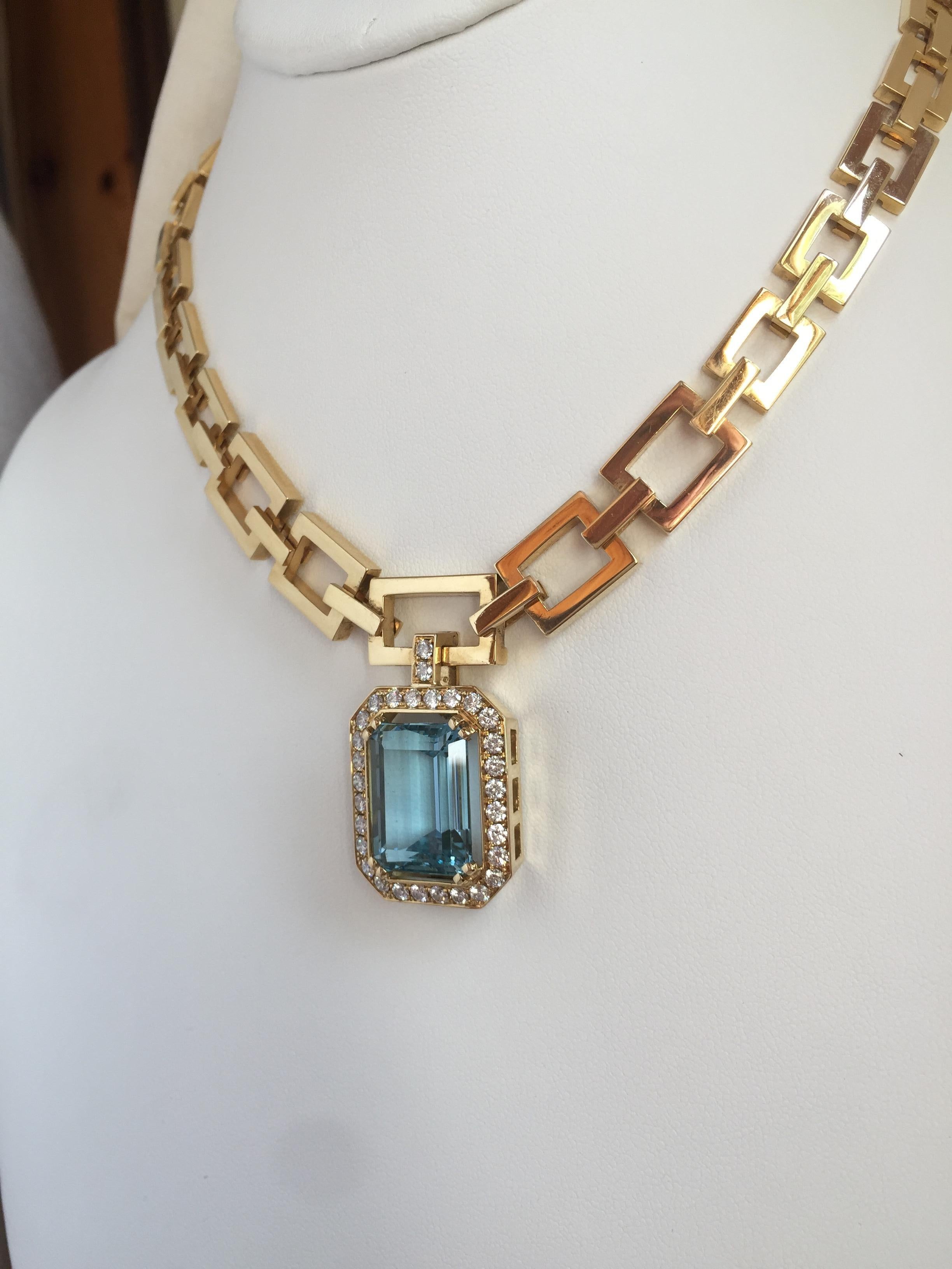 JdJ Couture Emerald Cut Aquamarine and Diamond Necklace in 14 Karat Yellow Gold For Sale 2