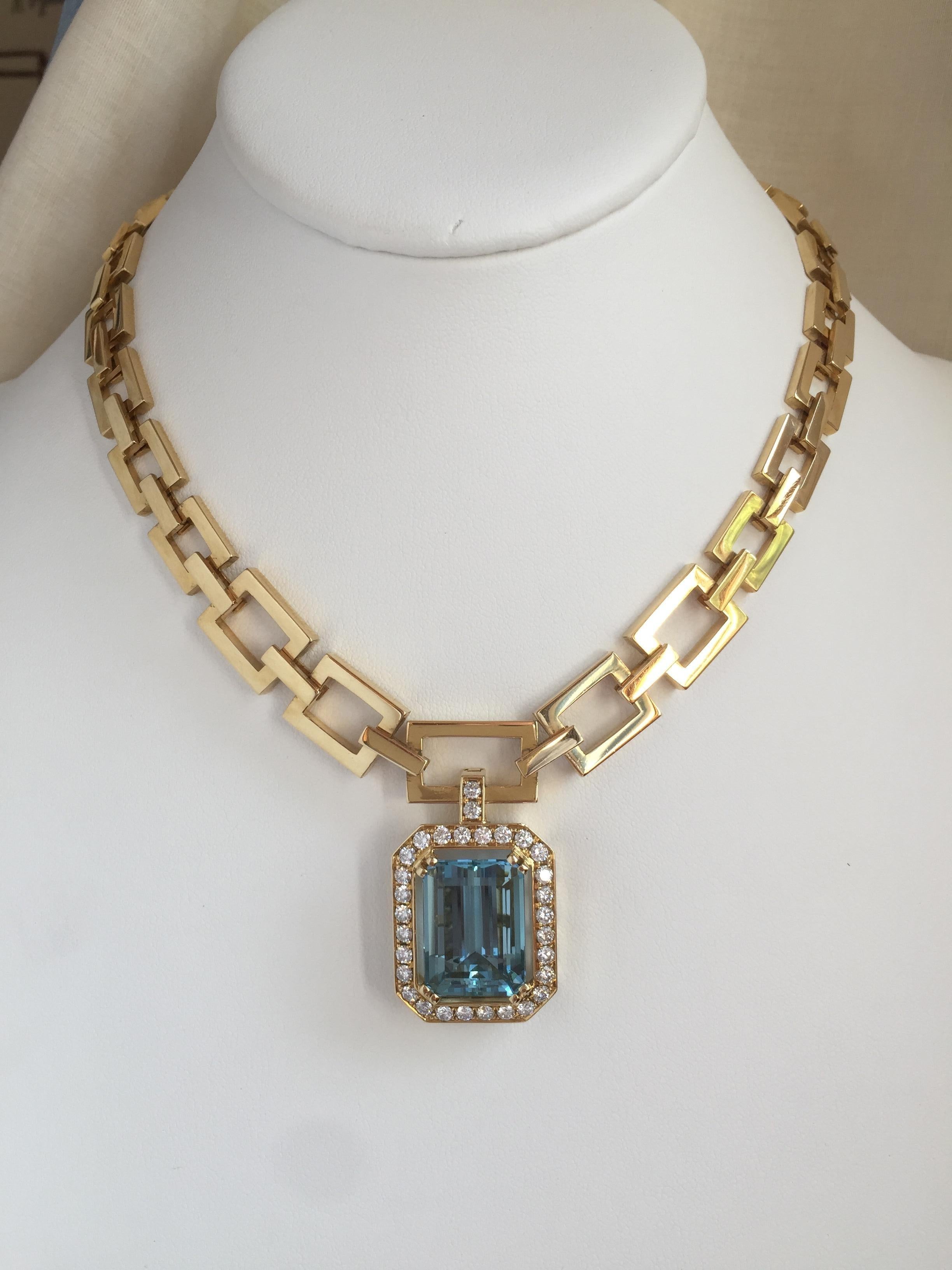 JdJ Couture Emerald Cut Aquamarine and Diamond Necklace in 14 Karat Yellow Gold For Sale 1
