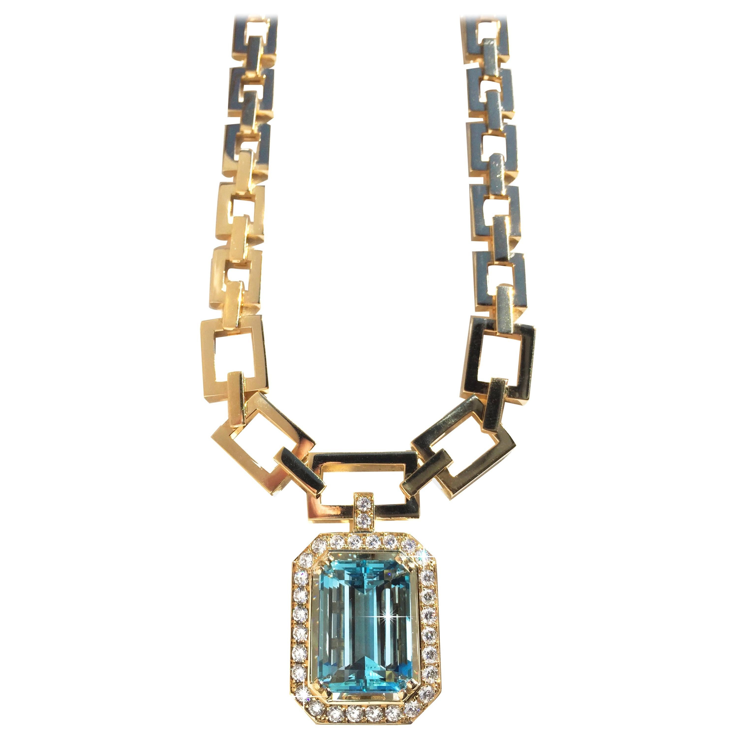 JdJ Couture Emerald Cut Aquamarine and Diamond Necklace in 14 Karat Yellow Gold For Sale
