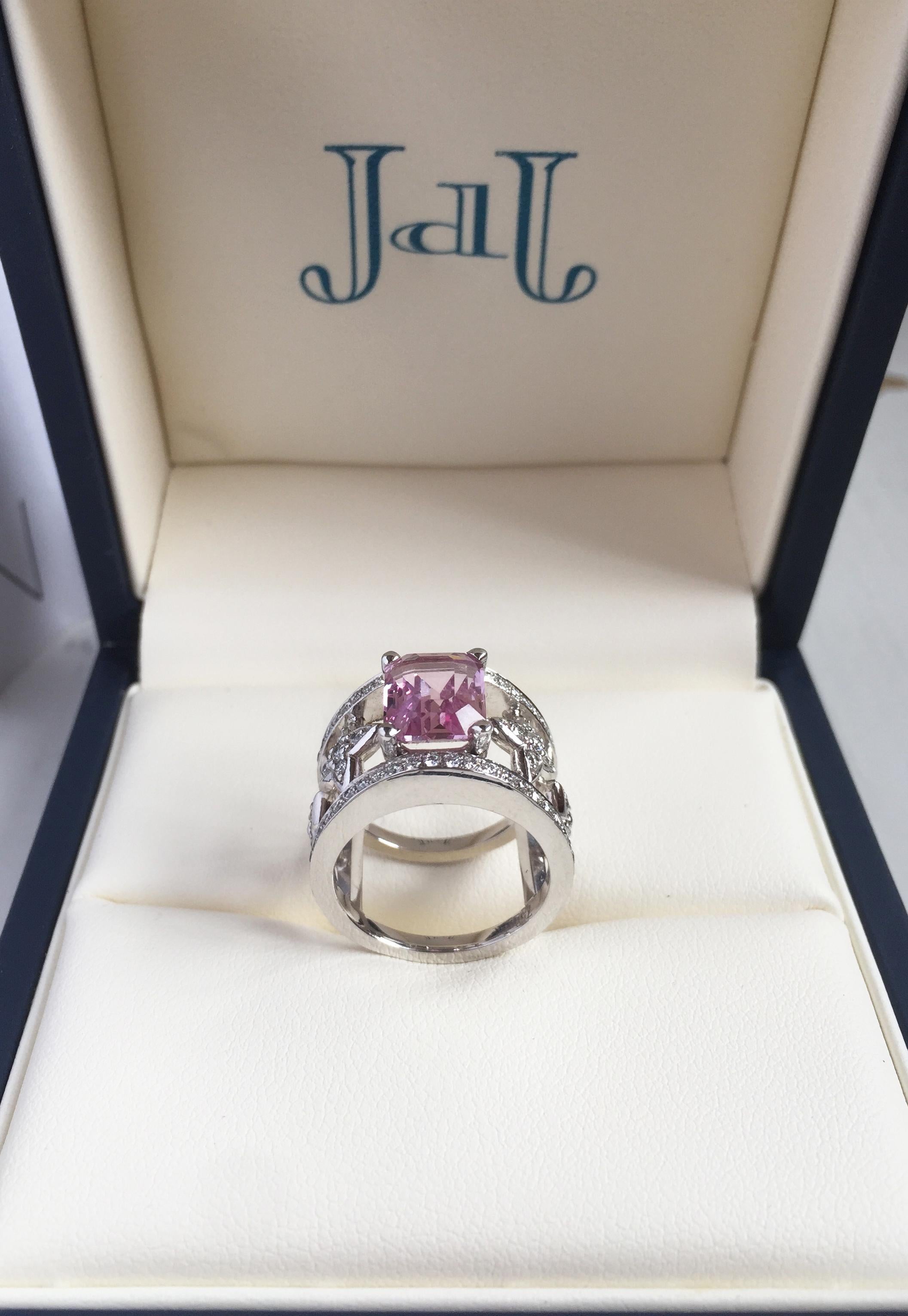 JdJ Couture Emerald Cut Pink Sapphire and Diamond Ring in 18 Karat White Gold 5