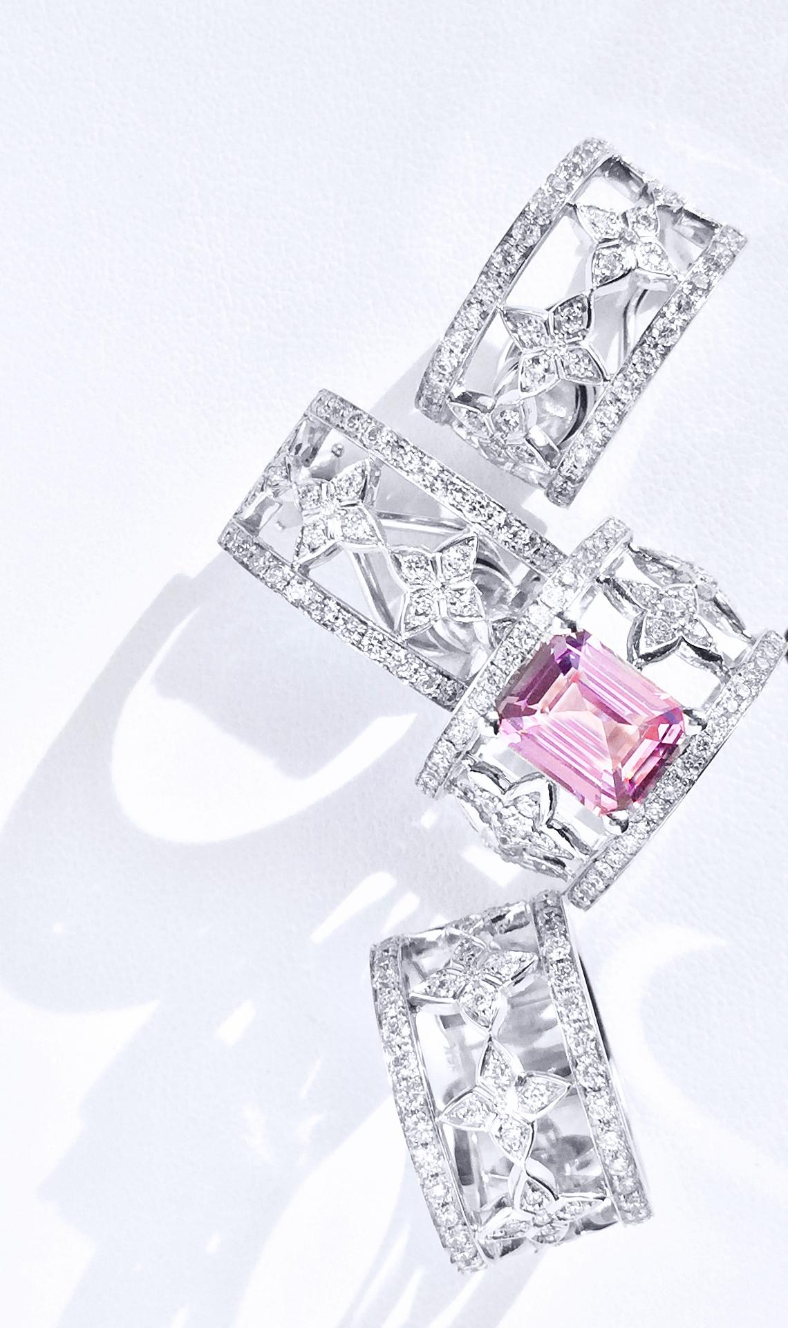 Contemporary JdJ Couture Emerald Cut Pink Sapphire and Diamond Ring in 18 Karat White Gold