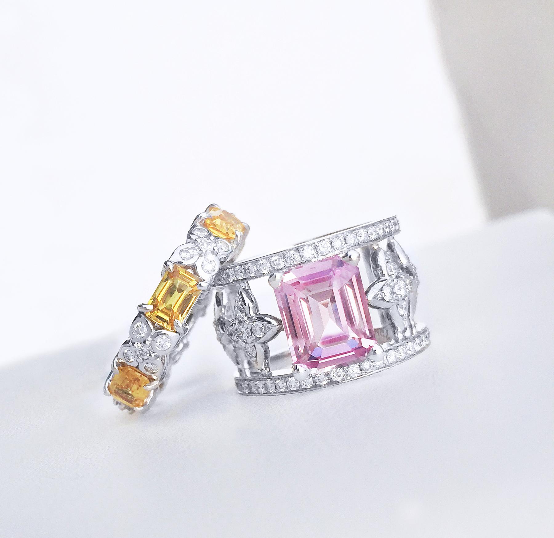 Women's JdJ Couture Emerald Cut Pink Sapphire and Diamond Ring in 18 Karat White Gold
