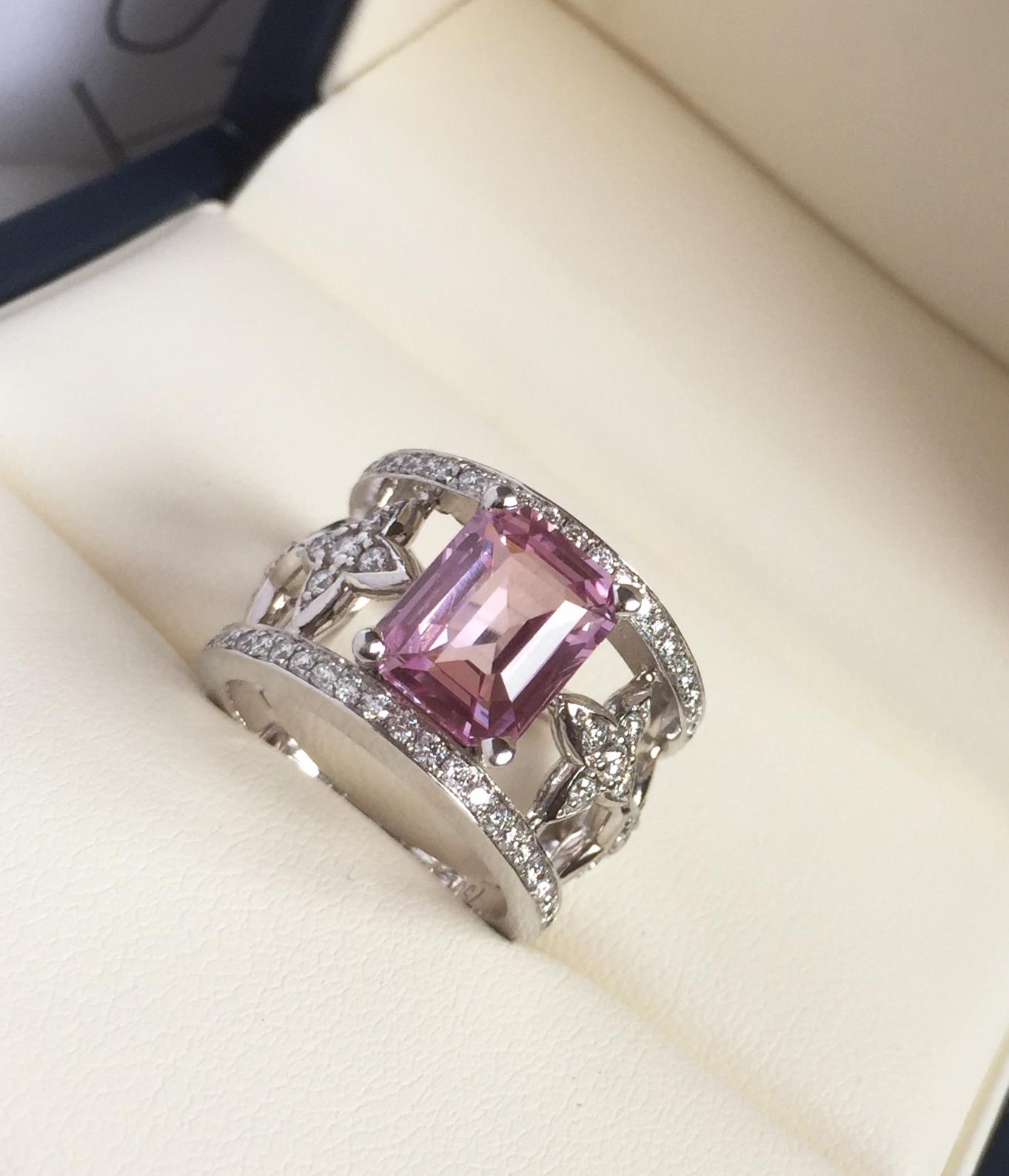 JdJ Couture Emerald Cut Pink Sapphire and Diamond Ring in 18 Karat White Gold 3