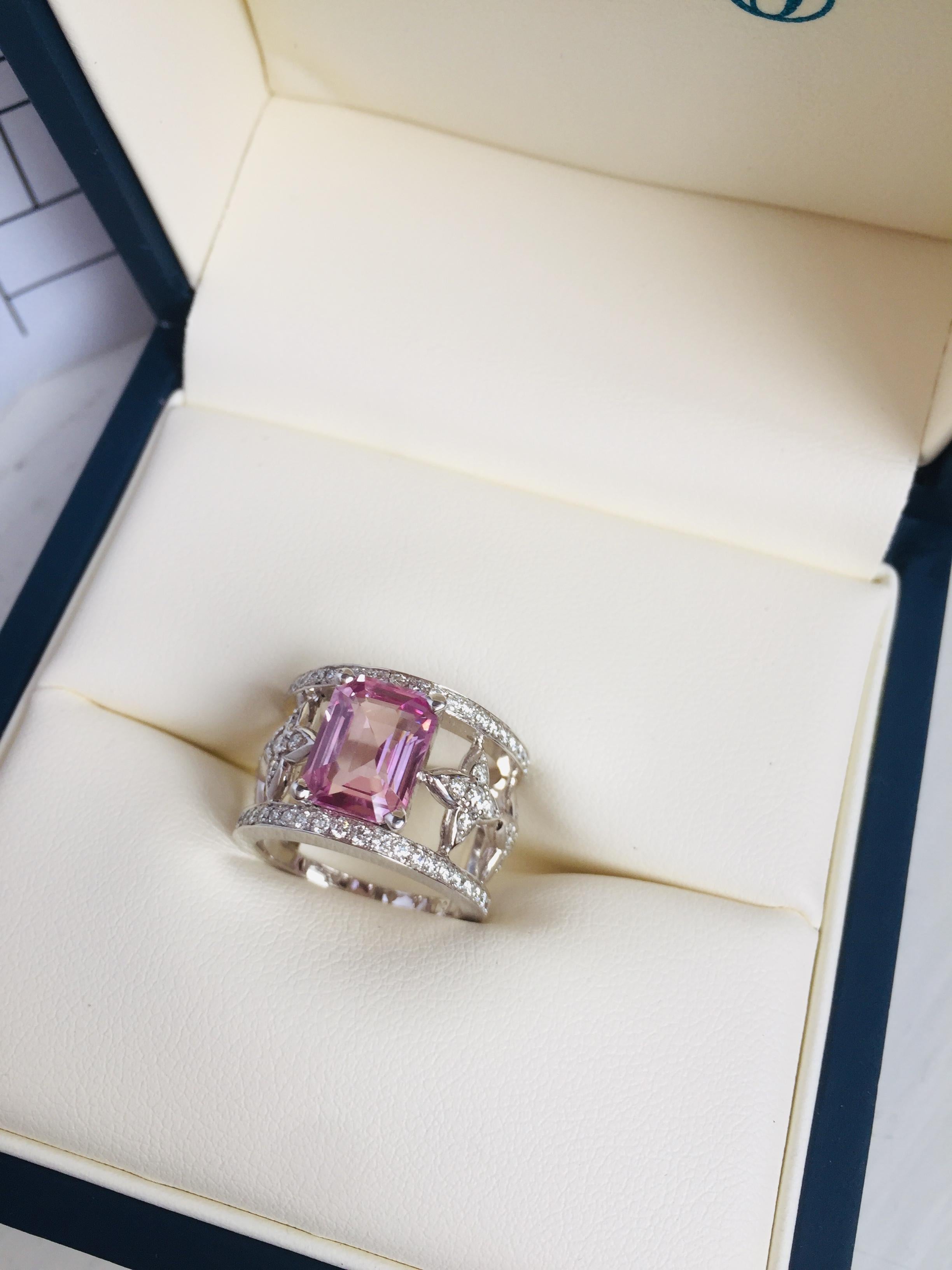 JdJ Couture Emerald Cut Pink Sapphire and Diamond Ring in 18 Karat White Gold 4