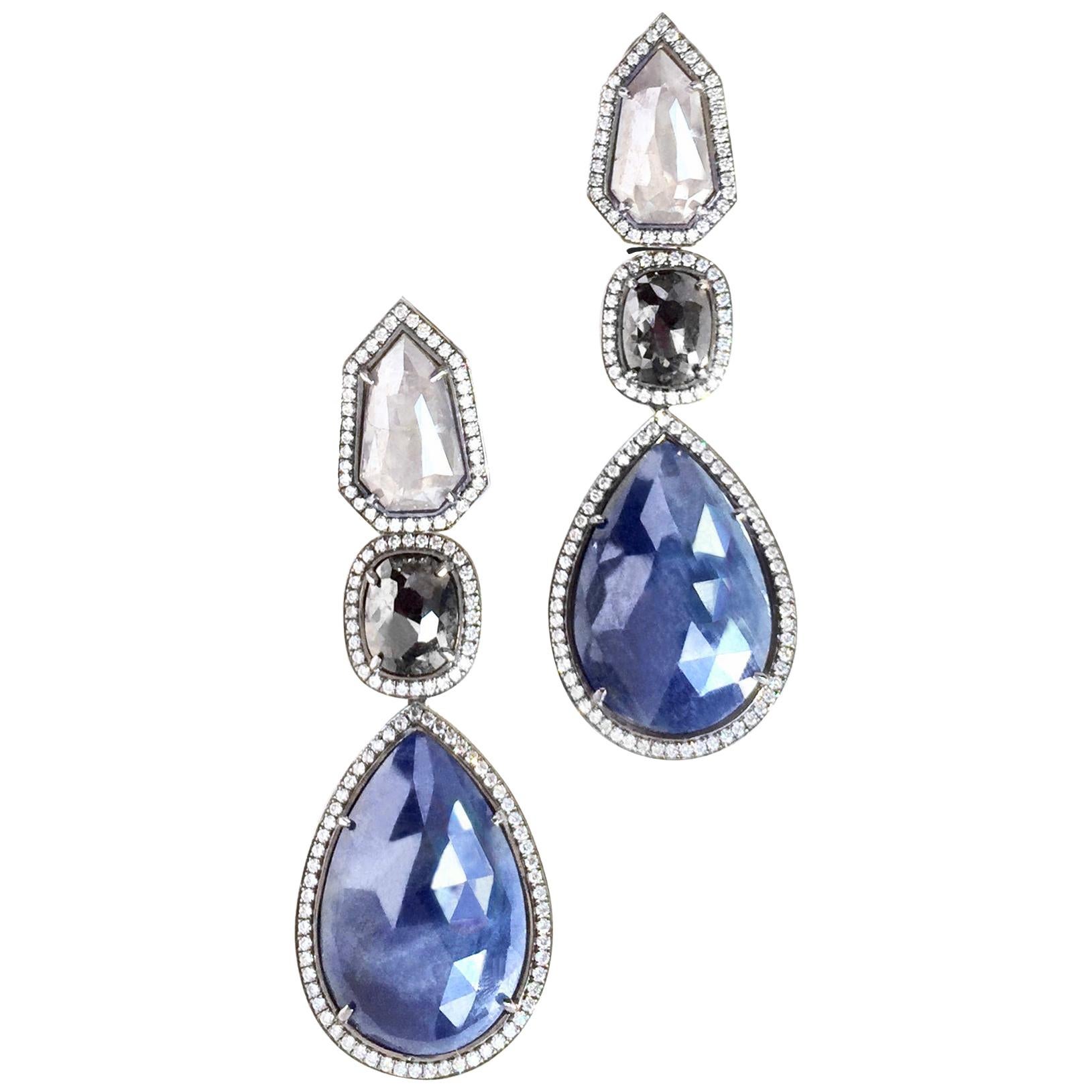 JDJ Couture Grey and Black Diamond and Blue Sapphire Rose Cut Earrings in Plat