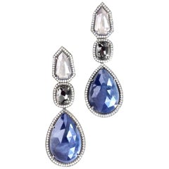 JDJ Couture Grey and Black Diamond and Blue Sapphire Rose Cut Earrings in Plat