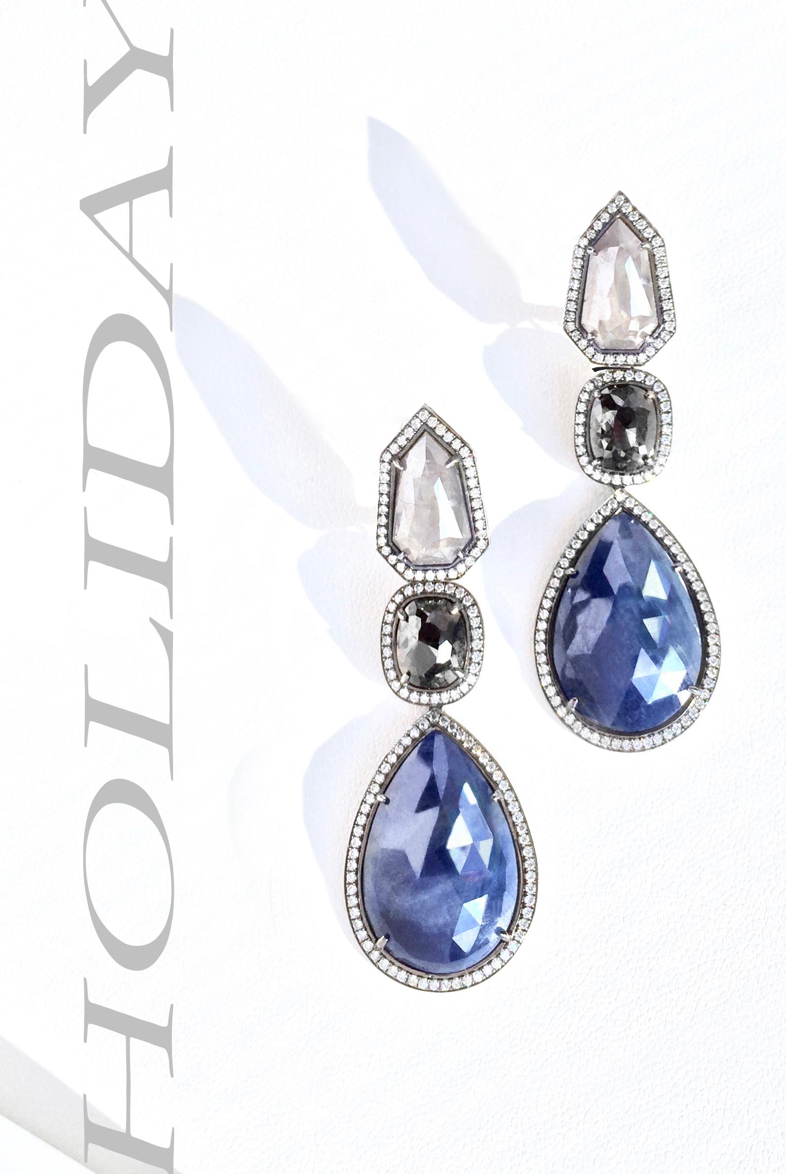 Contemporary JDJ Couture Grey and Black Diamond and Blue Sapphire Rose Cut Earrings in Plat