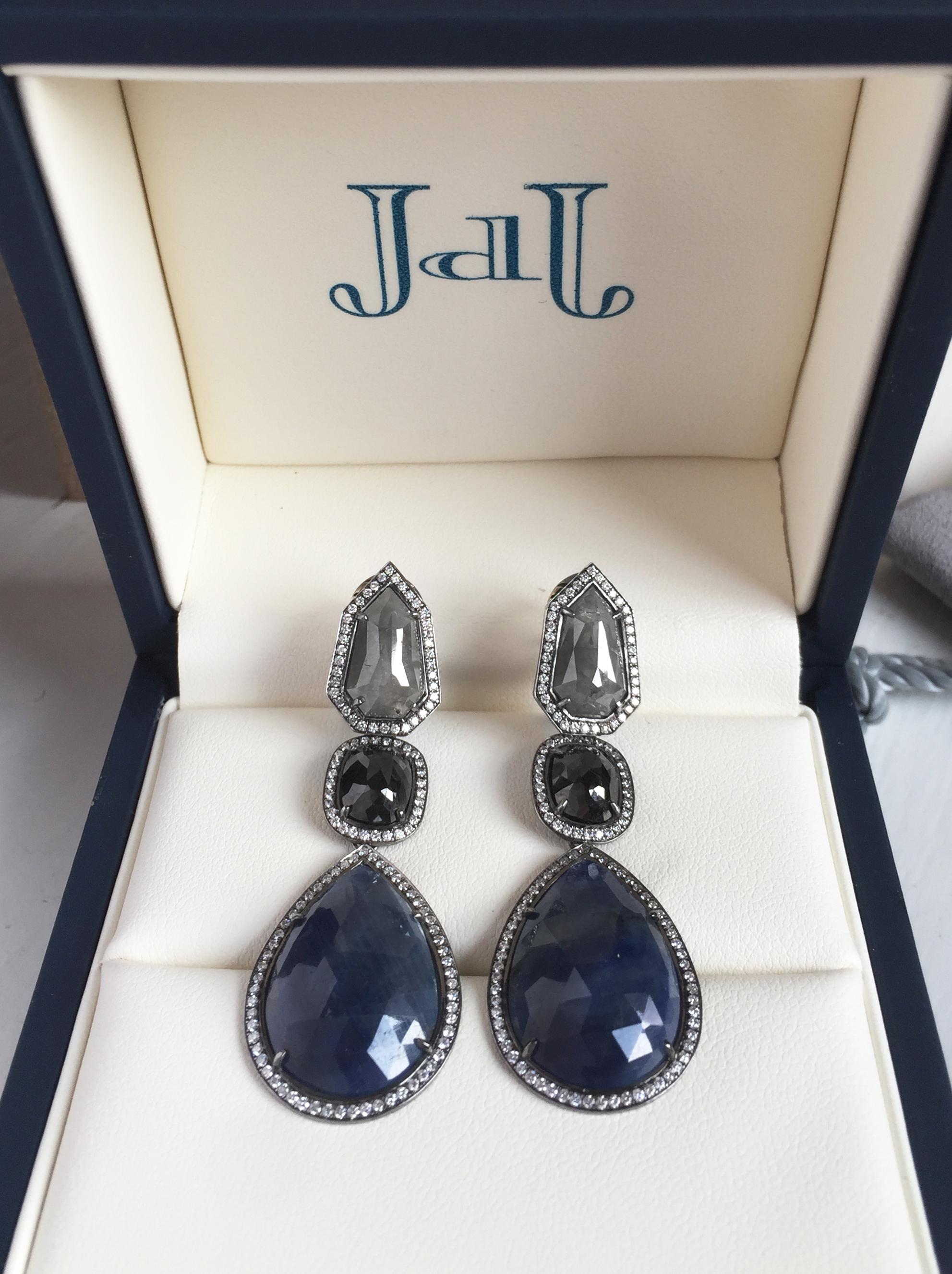 JDJ Couture Grey and Black Diamond and Blue Sapphire Rose Cut Earrings in Plat In New Condition In Toronto, CA