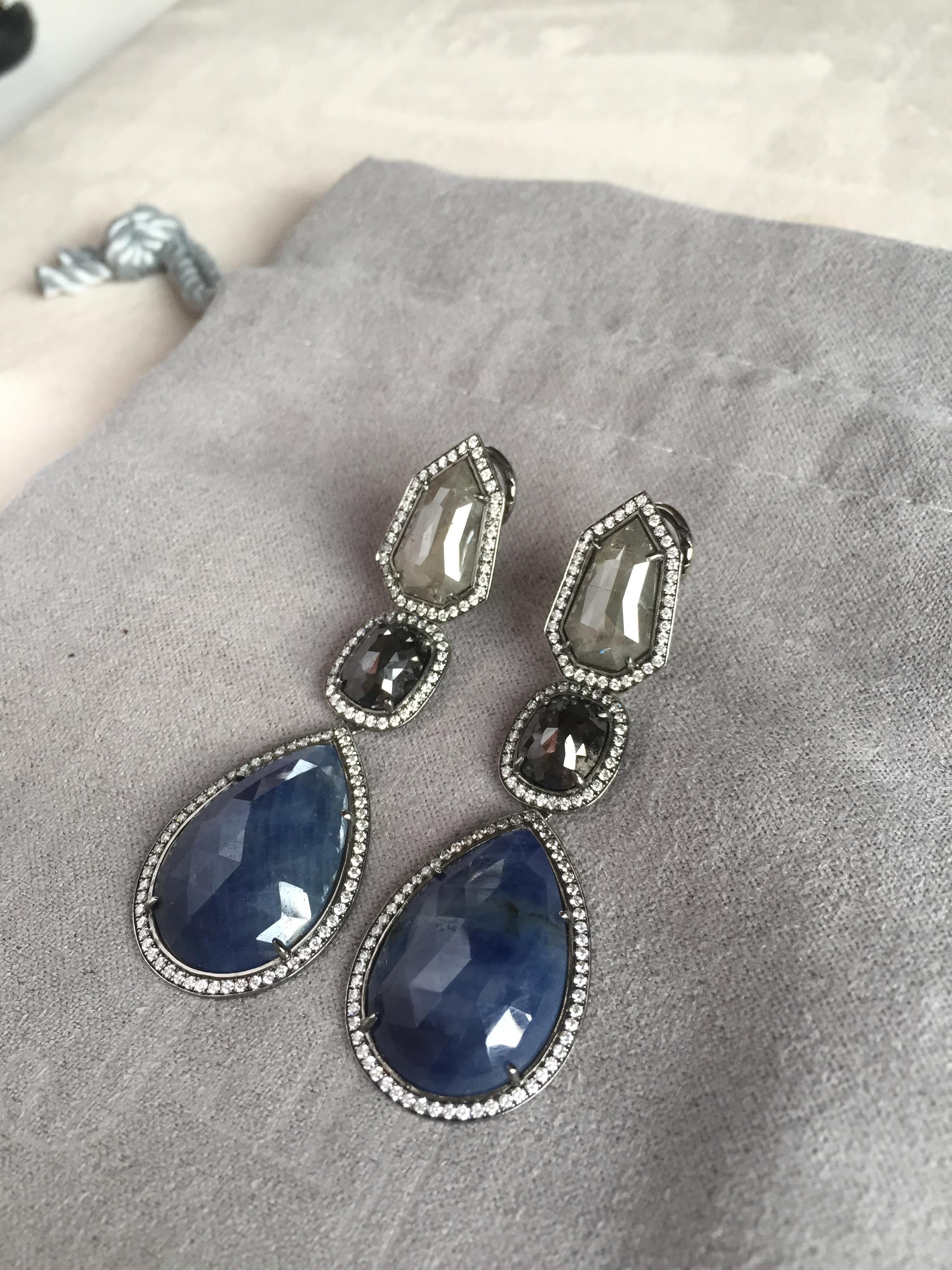 Women's JDJ Couture Grey and Black Diamond and Blue Sapphire Rose Cut Earrings in Plat