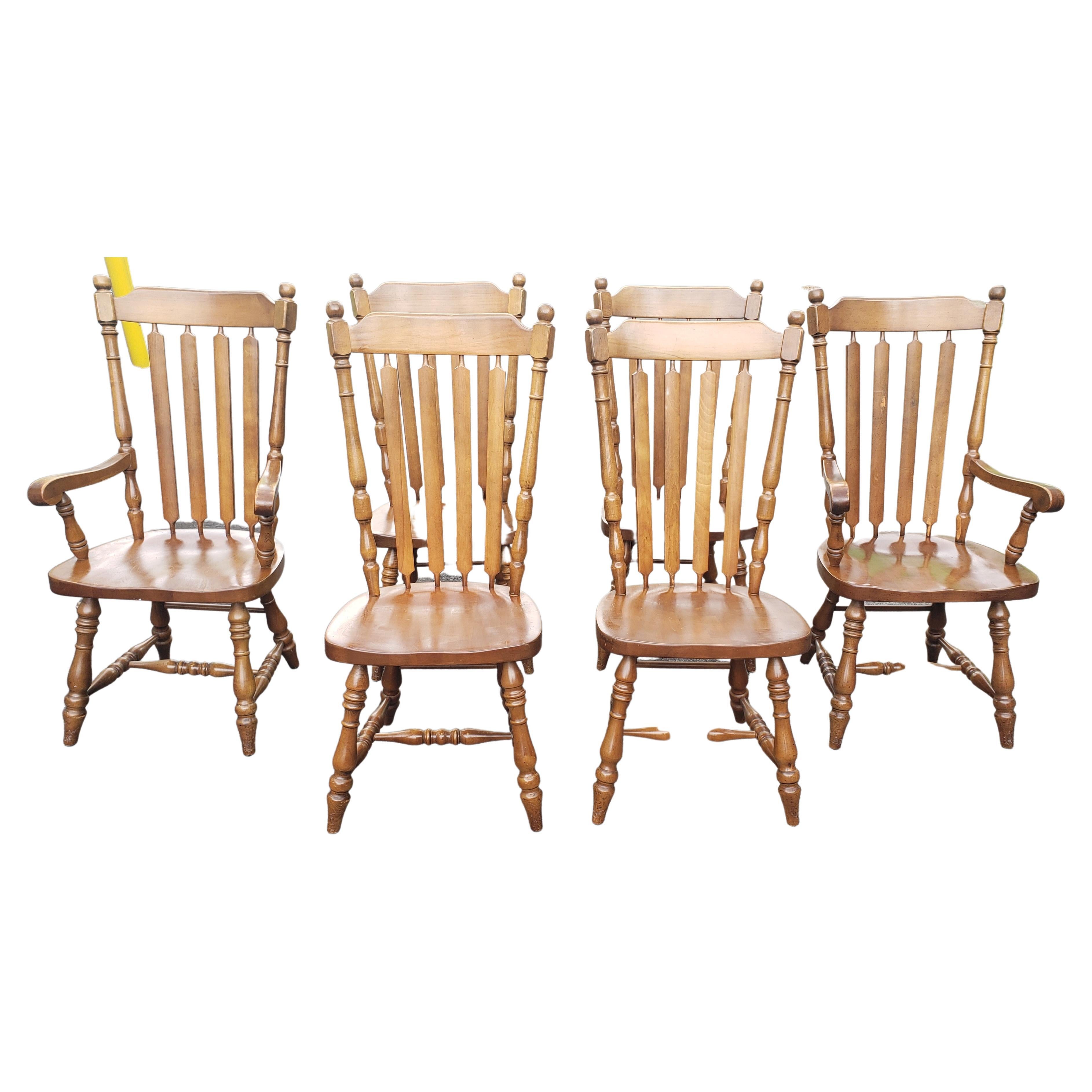 A beautiful set of J.D.V.'s High Back Heavy Duty Solid Maple Country Dining Chairs.
Set of with 2 captain chairs and 4 side chairs. Extremely solid heavy duty chairs. High back 43.5