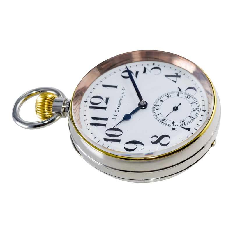 J.E Caldwaell & Co. Nickel Silver Oversized Pocket Watch with Enamel Dial For Sale 1