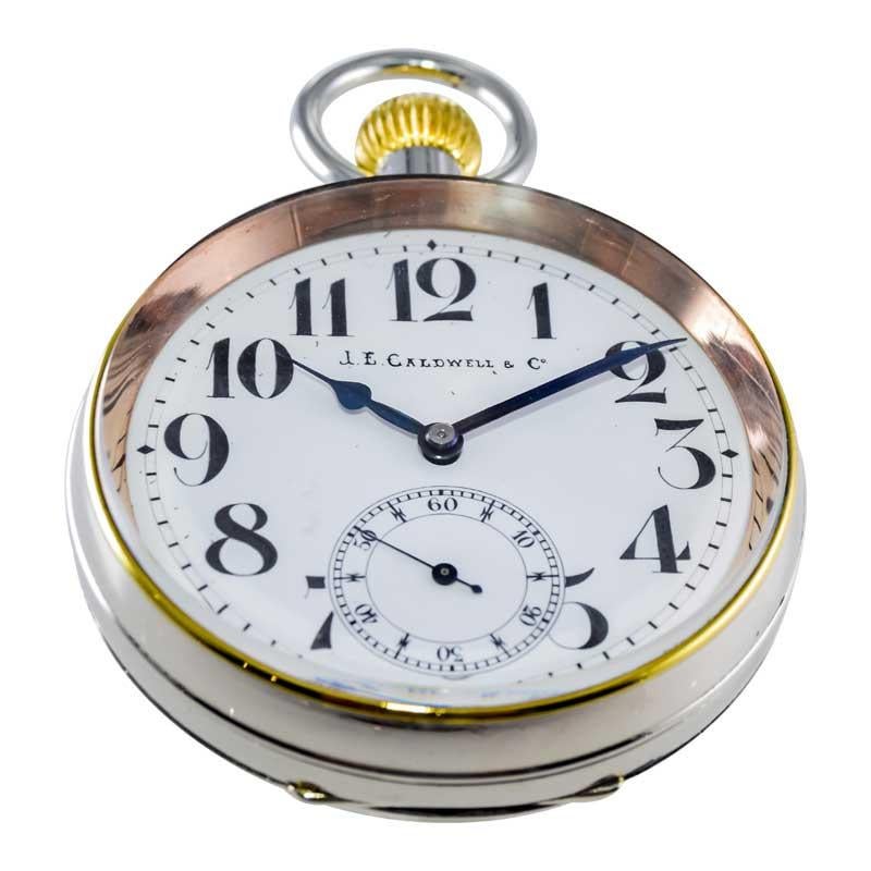 J.E Caldwaell & Co. Nickel Silver Oversized Pocket Watch with Enamel Dial For Sale 2