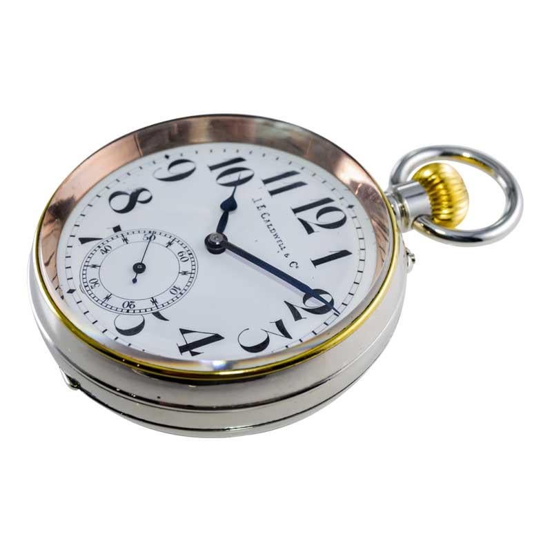 J.E Caldwaell & Co. Nickel Silver Oversized Pocket Watch with Enamel Dial For Sale 3