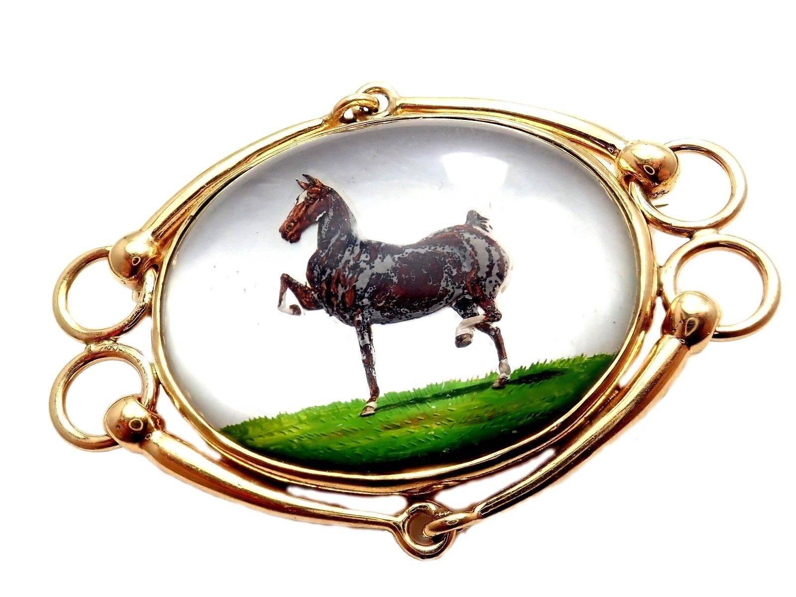 14k Yellow Gold Essex Crystal Reverse Intaglio Horse Brooch Pin by JE Caldwell & Co.
With domed oval shape rock crystal.
Details: 
Weight: 26.8 grams
Measurements: 53mm x 38mm
Stamped Hallmarks:  14k JE C & Co.
*Free Shipping within the United