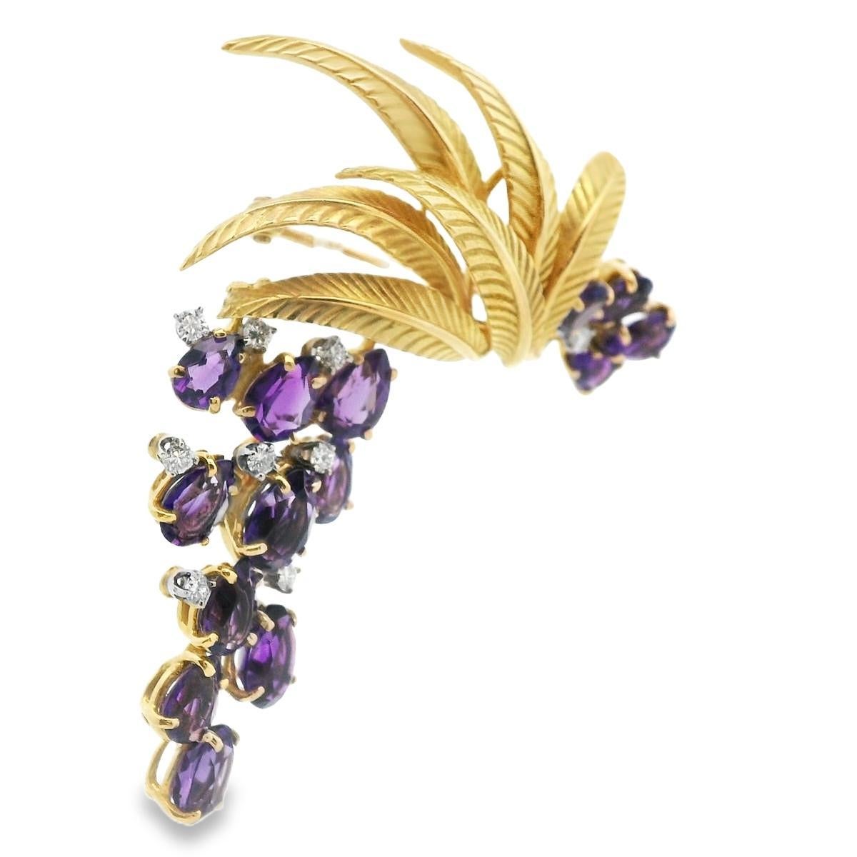 J.E. Caldwell 18k Yellow Gold Diamond & Amethyst Movable Grapevine Brooch For Sale 1