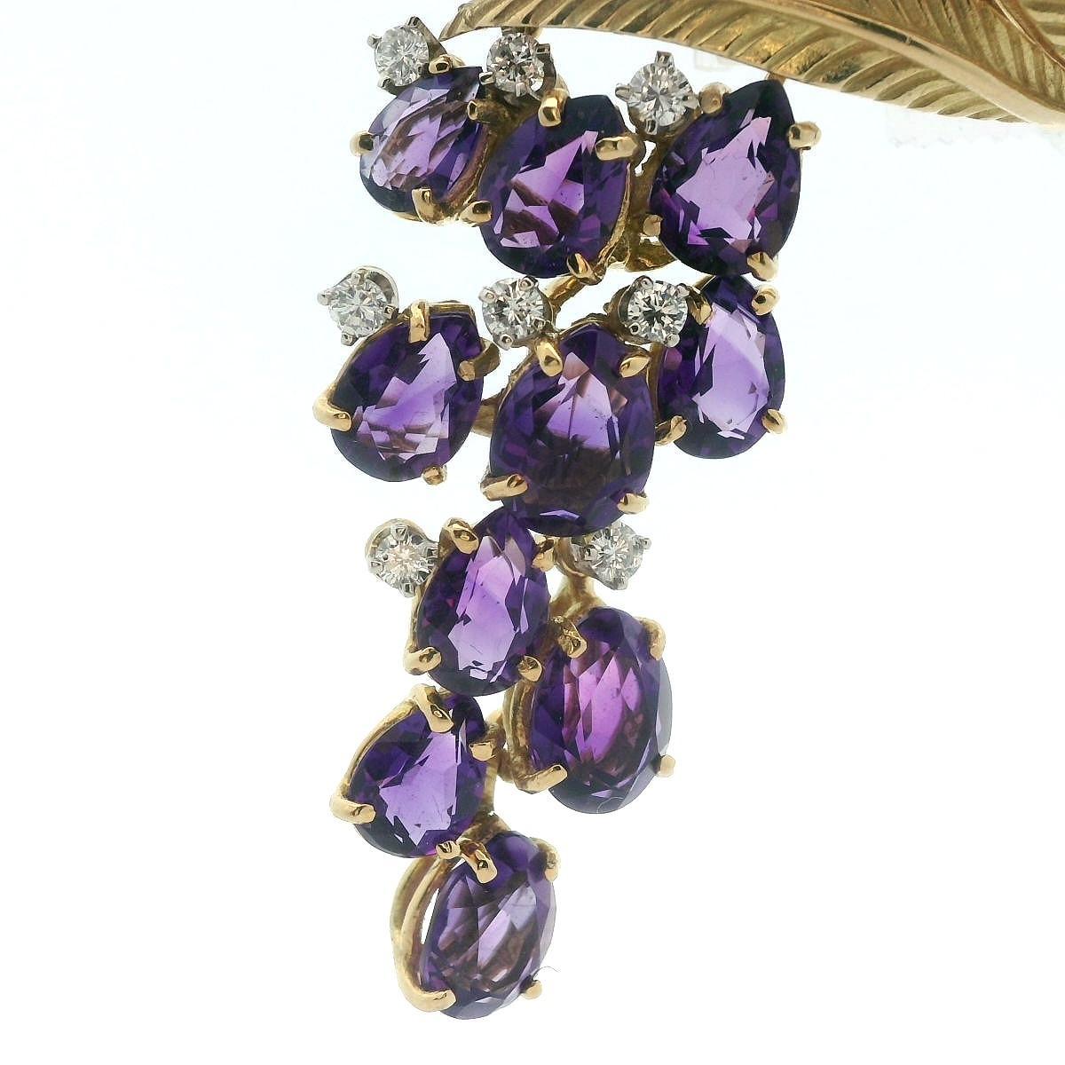 J.E. Caldwell 18k Yellow Gold Diamond & Amethyst Movable Grapevine Brooch For Sale 2