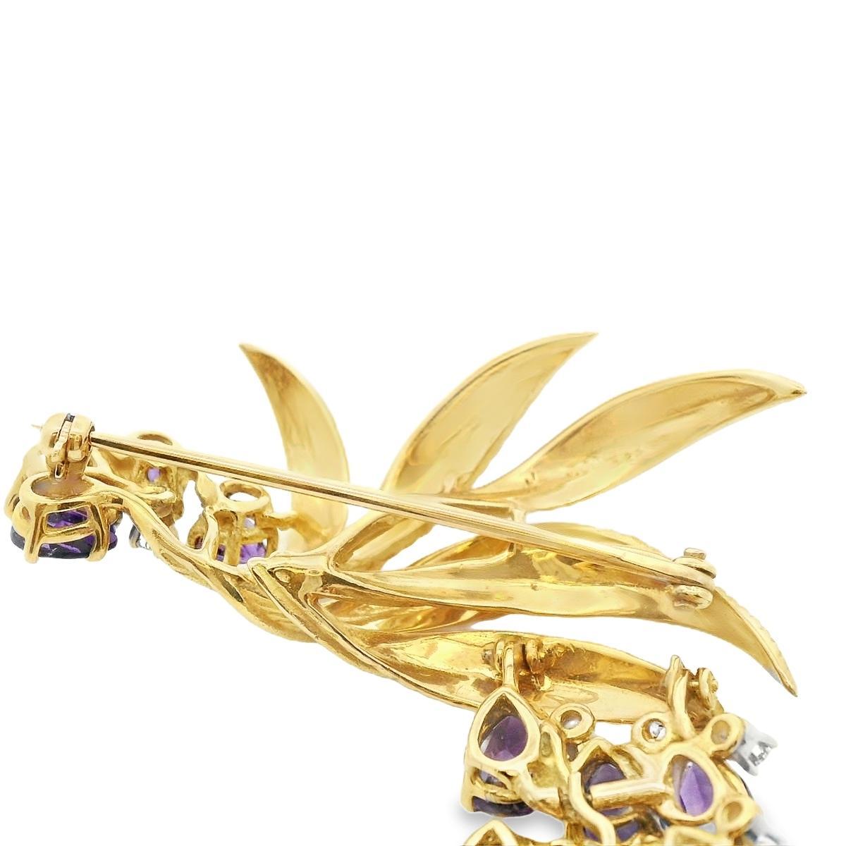 J.E. Caldwell 18k Yellow Gold Diamond & Amethyst Movable Grapevine Brooch For Sale 4