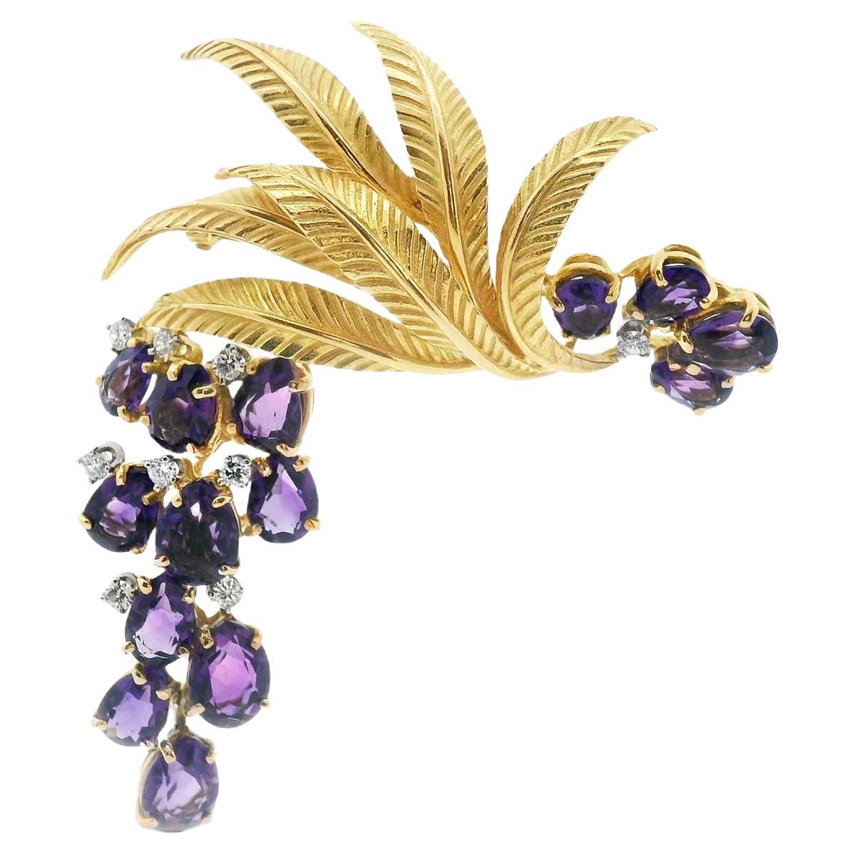 J.E. Caldwell 18k Yellow Gold Diamond & Amethyst Movable Grapevine Brooch For Sale