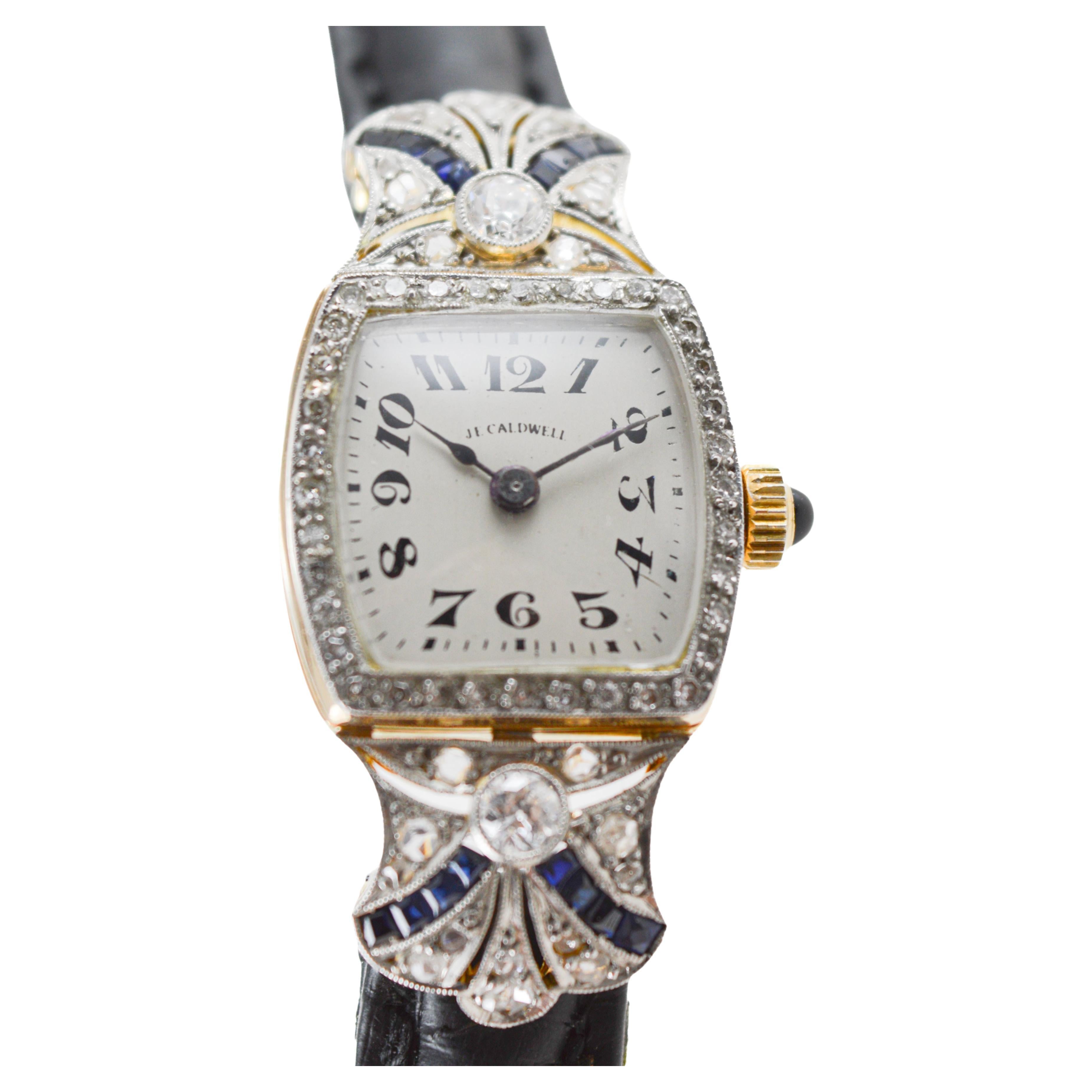 J.E Caldwell 18 Karat massives Gold Art Deco Damenuhr mit Diamanten und Saphiren im Angebot 6