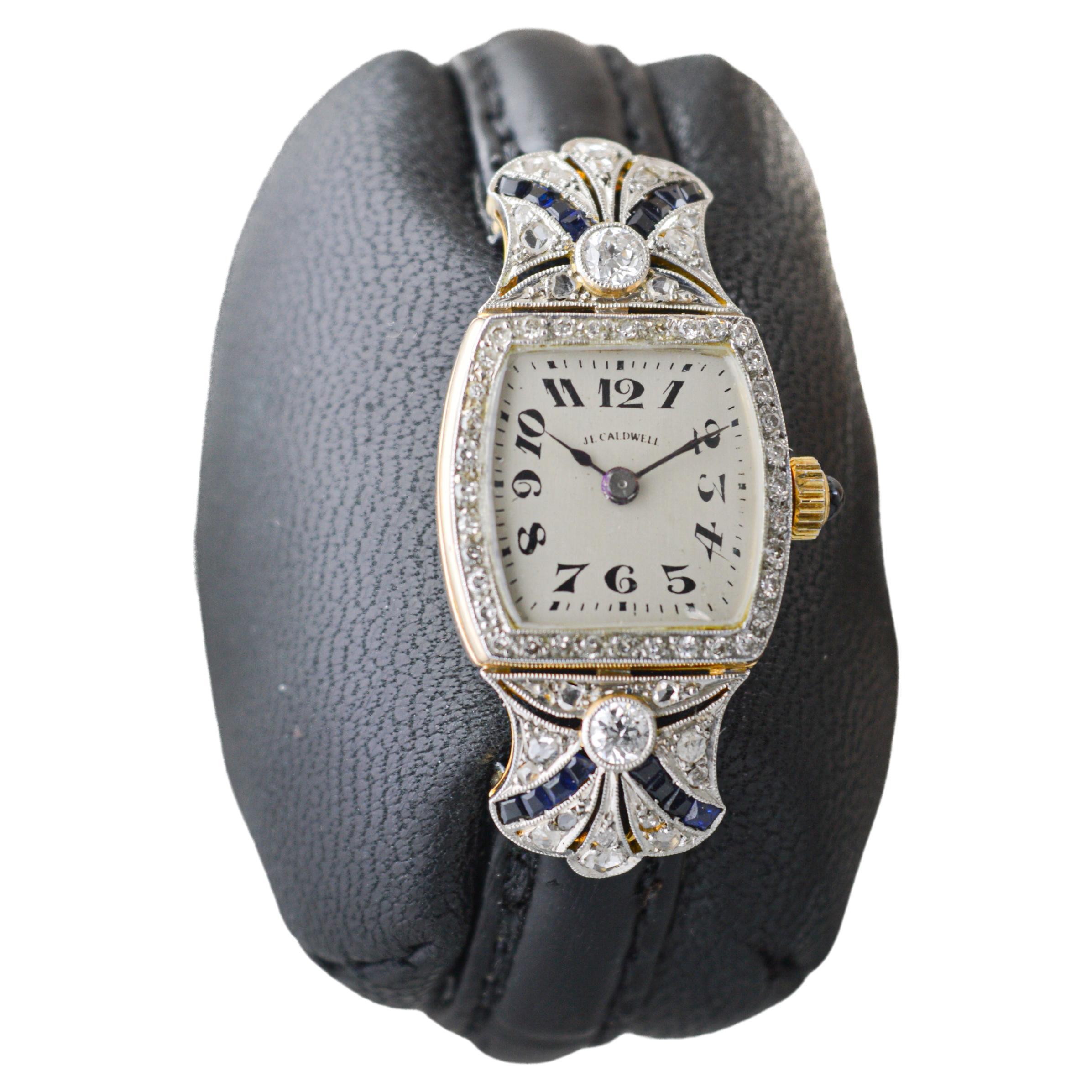 J.E Caldwell 18 Karat massives Gold Art Deco Damenuhr mit Diamanten und Saphiren im Angebot 1