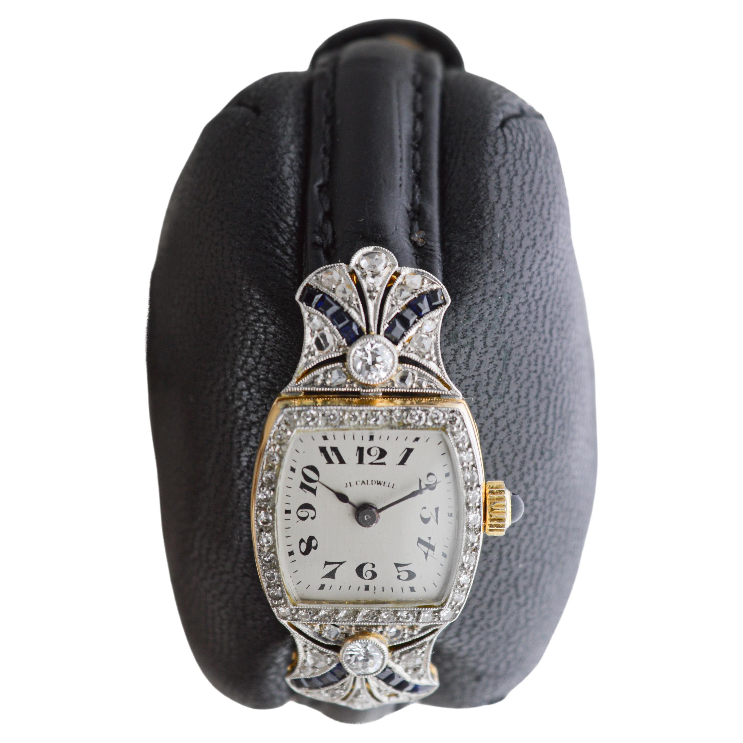 J.E Caldwell 18 Karat massives Gold Art Deco Damenuhr mit Diamanten und Saphiren im Angebot 2