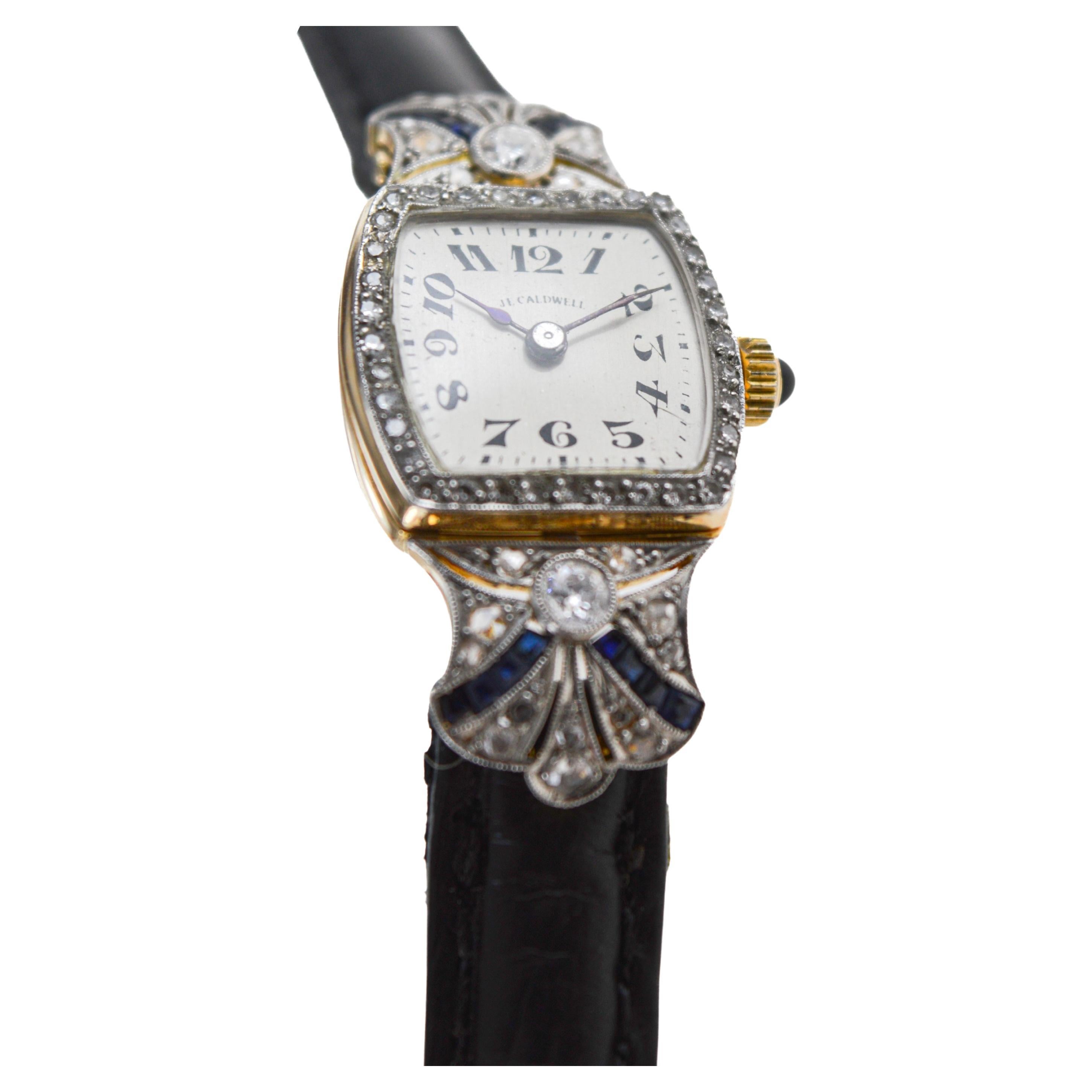 J.E Caldwell 18 Karat massives Gold Art Deco Damenuhr mit Diamanten und Saphiren im Angebot 4