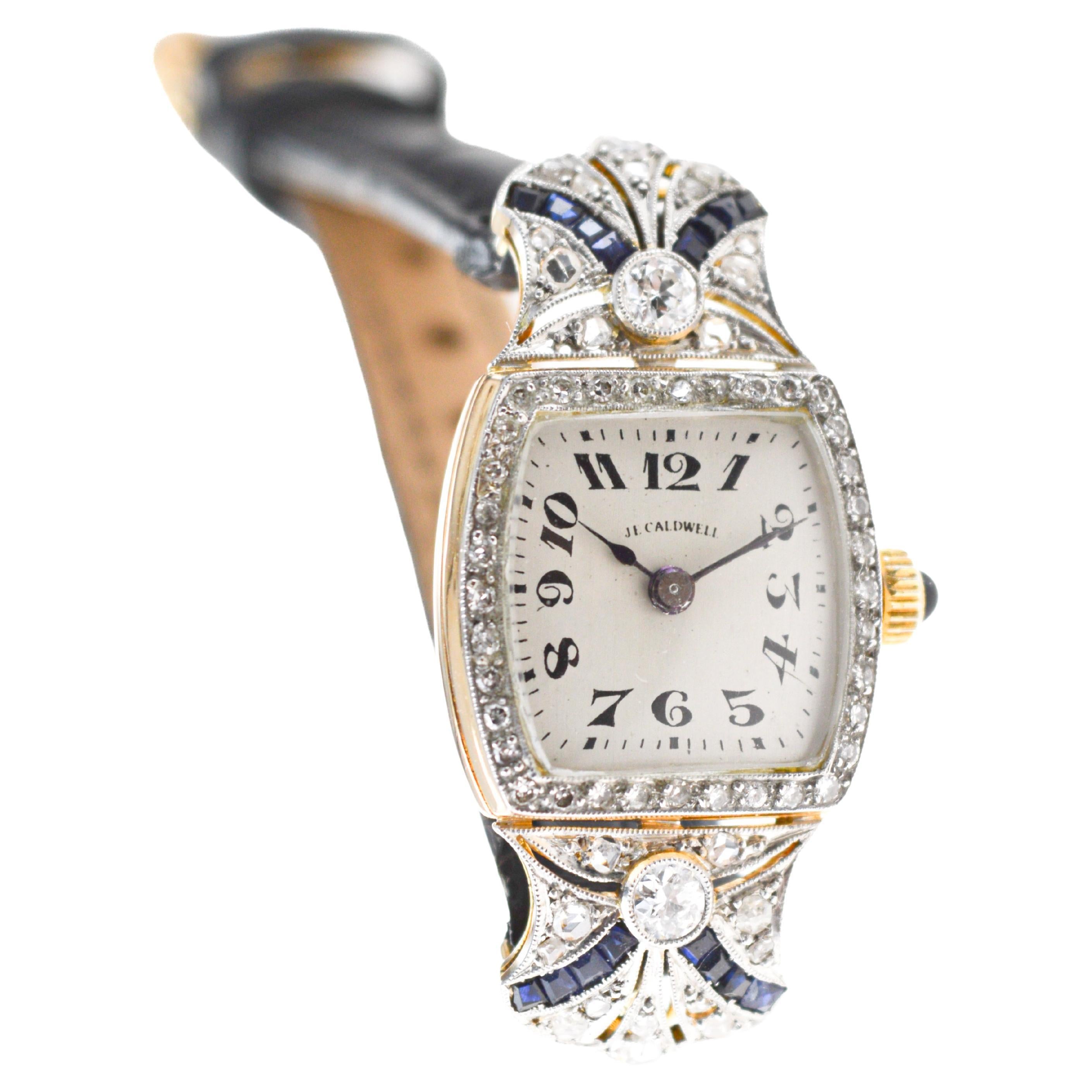 J.E Caldwell 18 Karat massives Gold Art Deco Damenuhr mit Diamanten und Saphiren im Angebot 5