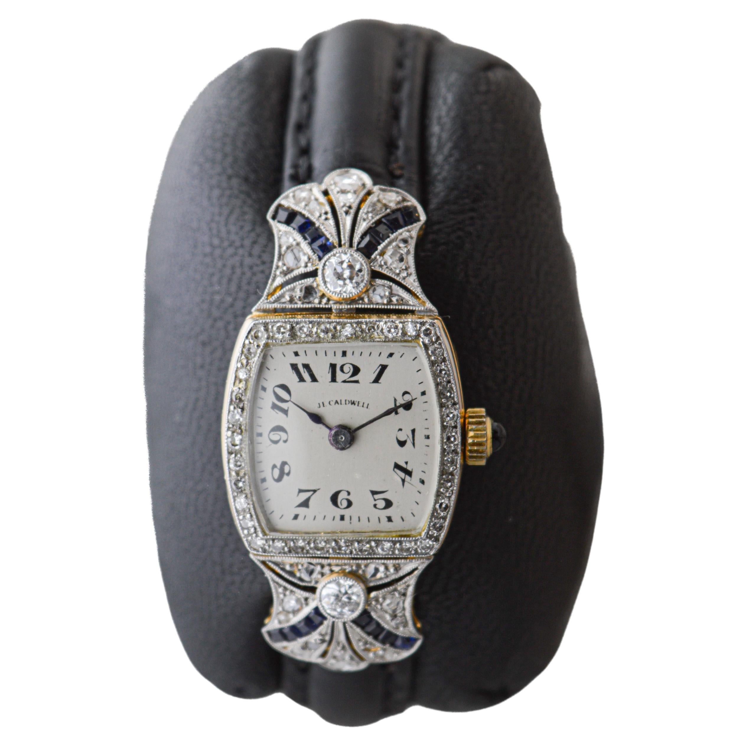 J.E Caldwell Montre Art déco pour femme en or massif 18 carats avec diamants et saphirs