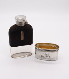 J.E. CALDWELL 1910 Small Liquor Flask In Clear Glass, .925 Sterling And Leather