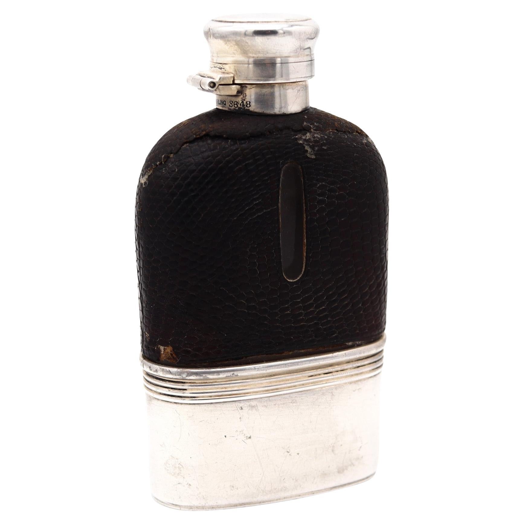 J.E. CALDWELL 1910 Small Liquor Flask In Clear Glass, .925 Sterling And Leather